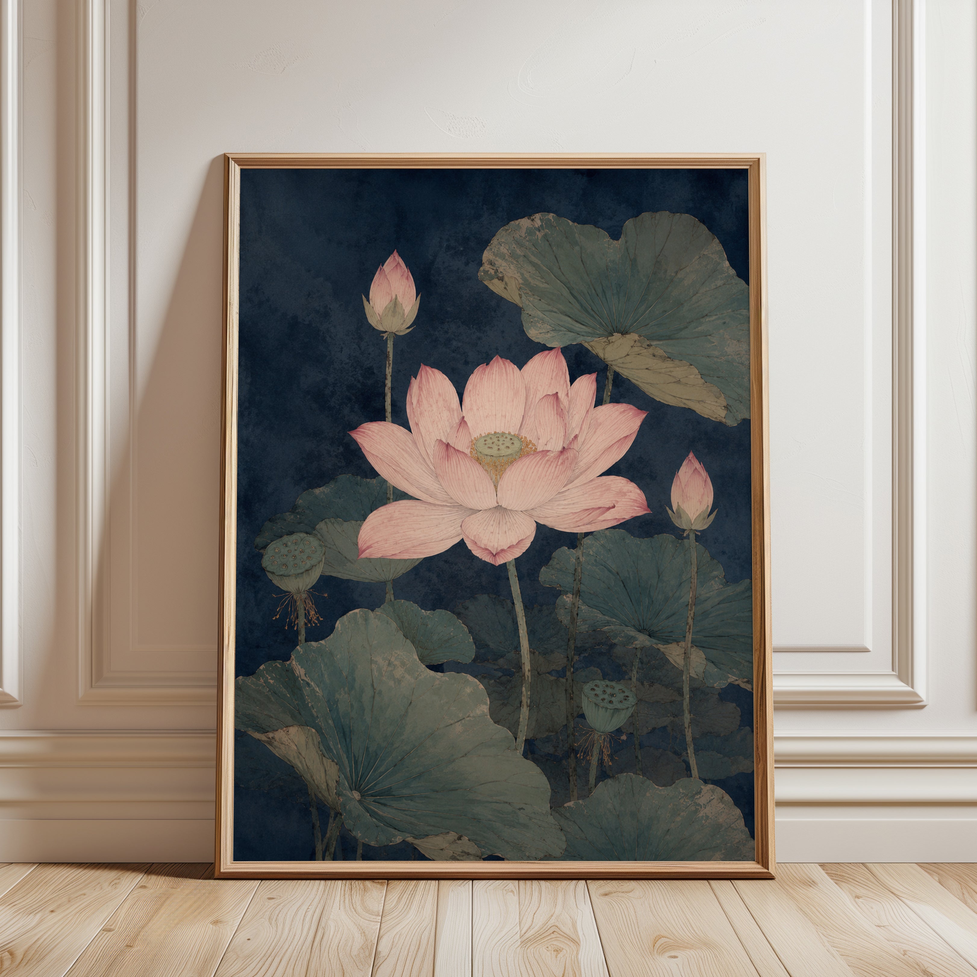 Lotus Flower Botanical Print — Vintage Asian-Inspired Water Lily - framed detail