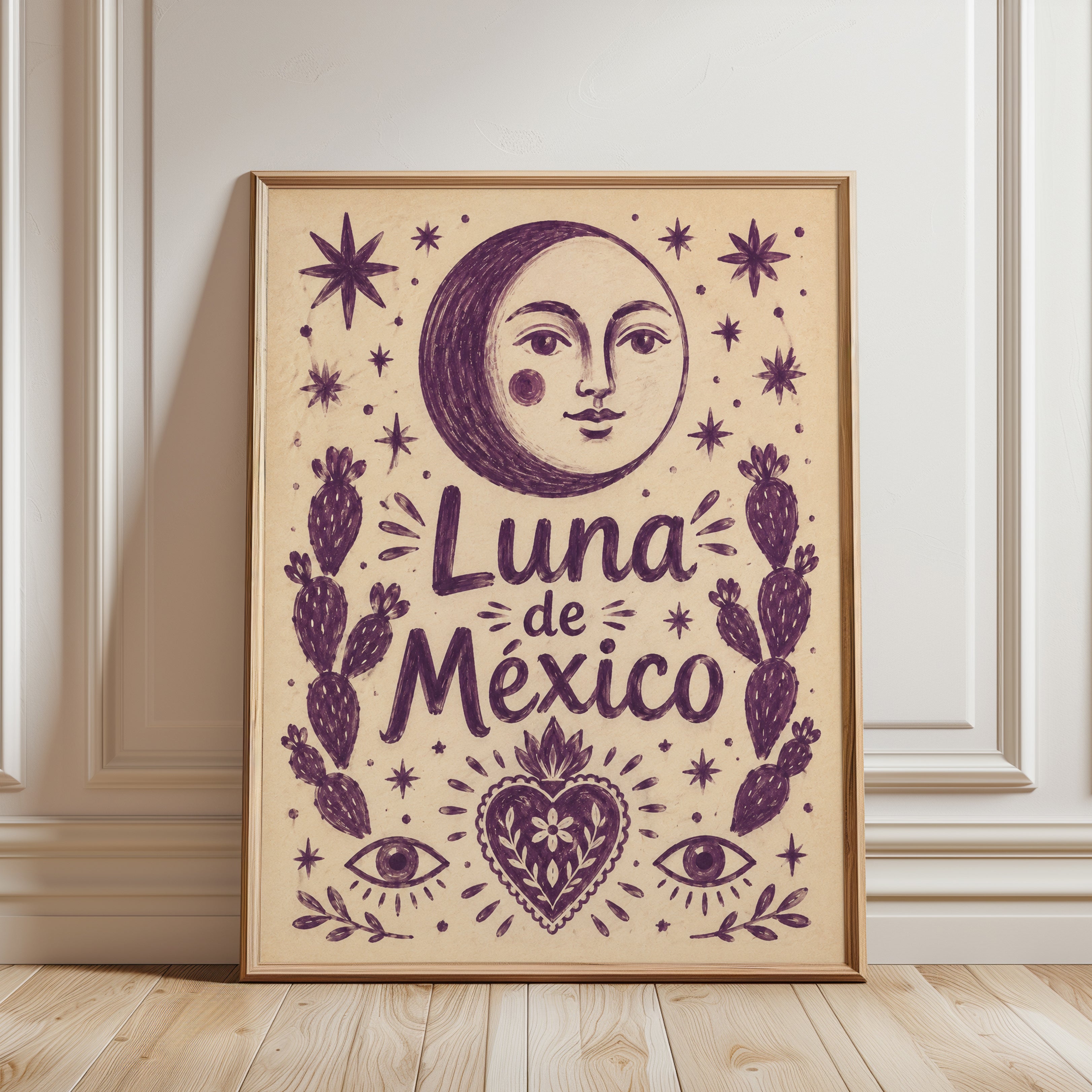 Luna De Mexico Folk Art Print: Purple Mexican Moon Poster - framed detail