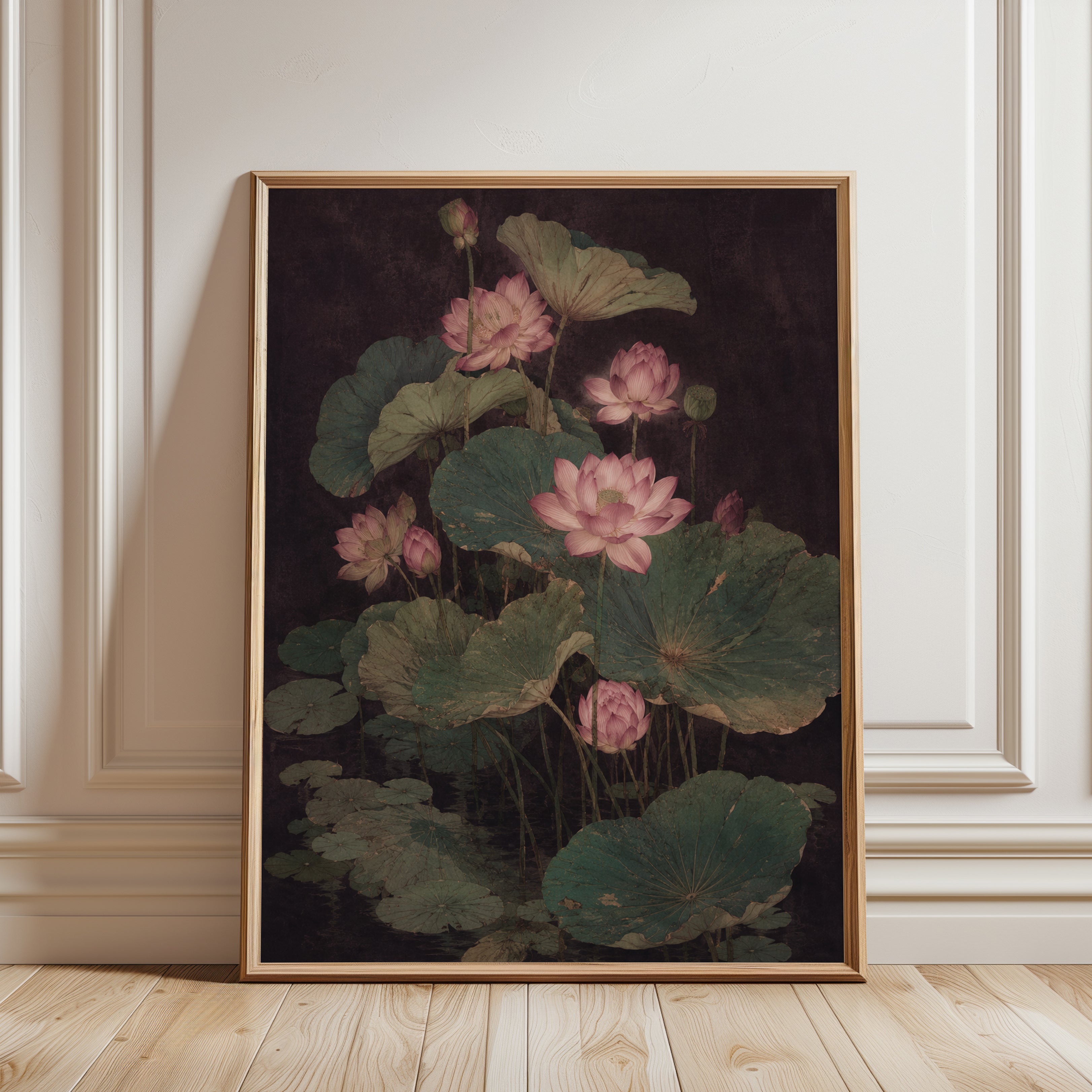Lotus Flower Botanical Print – Vintage Asian Inspired Dark Moody Wall - framed detail