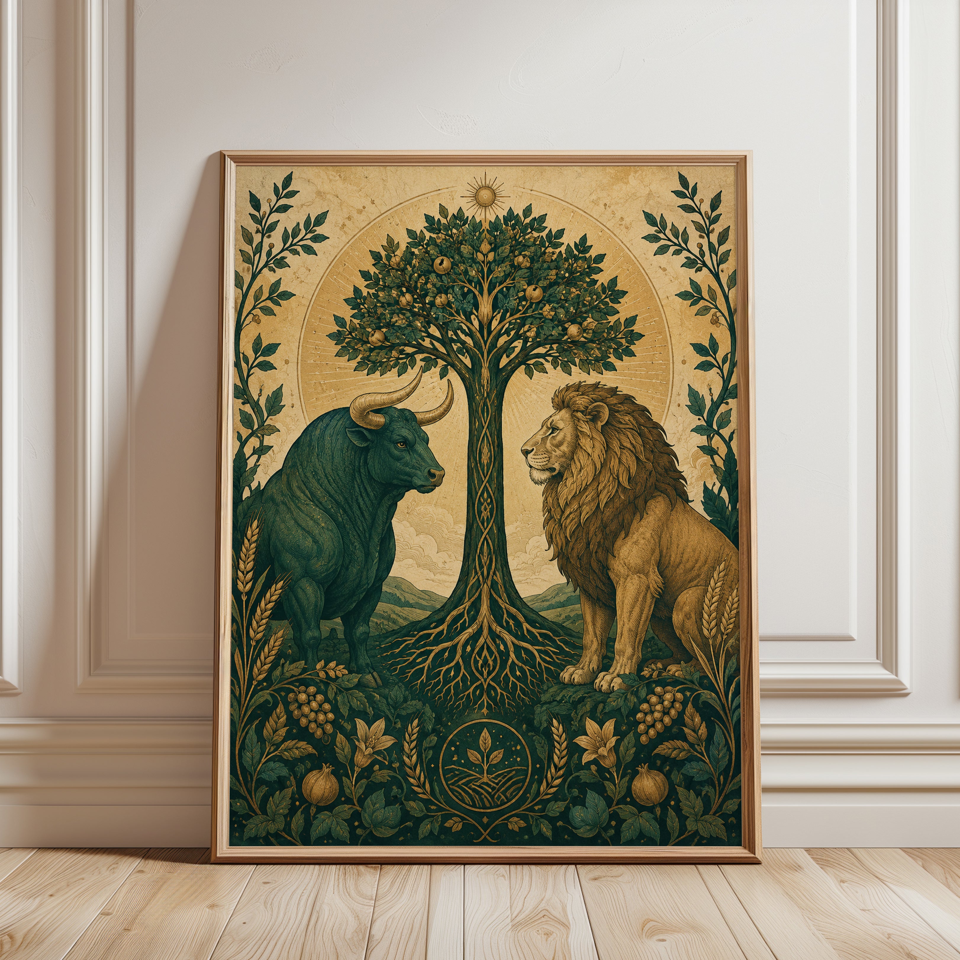 Tree of Life Wall Art – Lion and Bull Print - framed detail