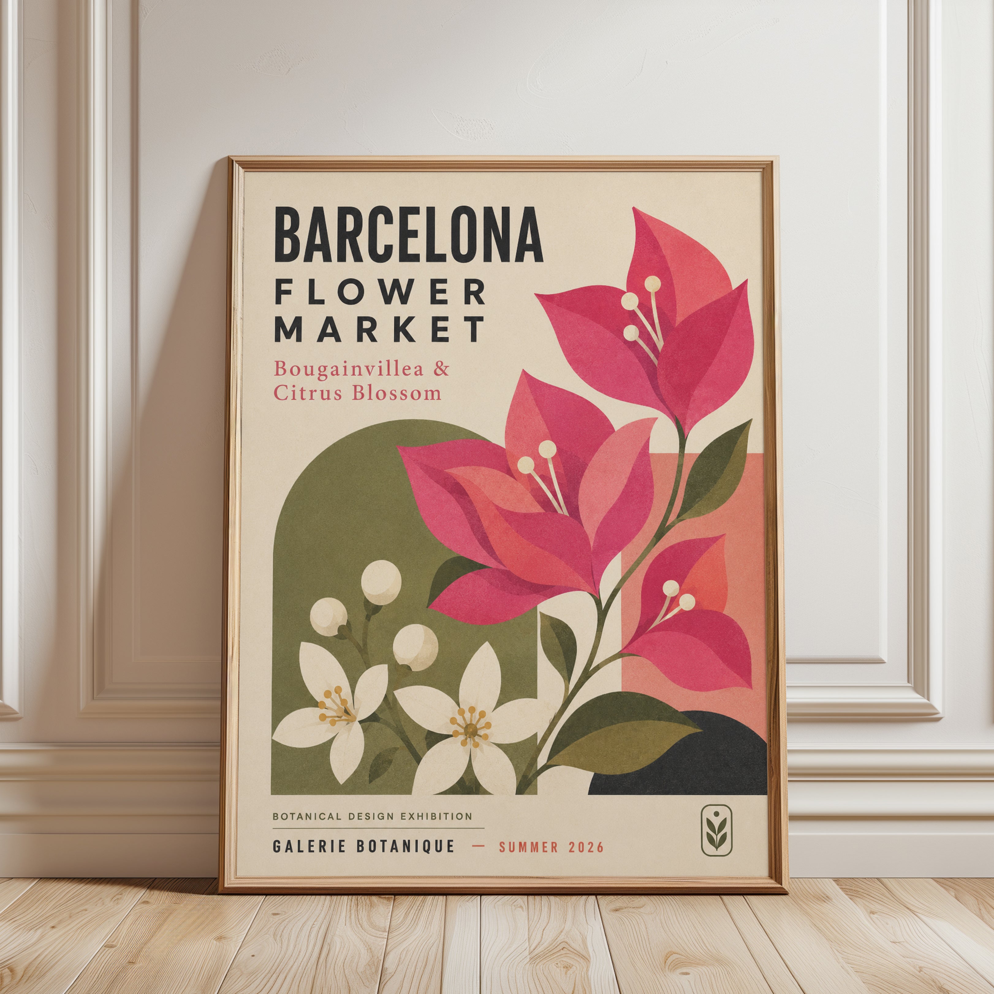 Barcelona Flower Market Print — Mid-Century Botanical Poster - framed detail