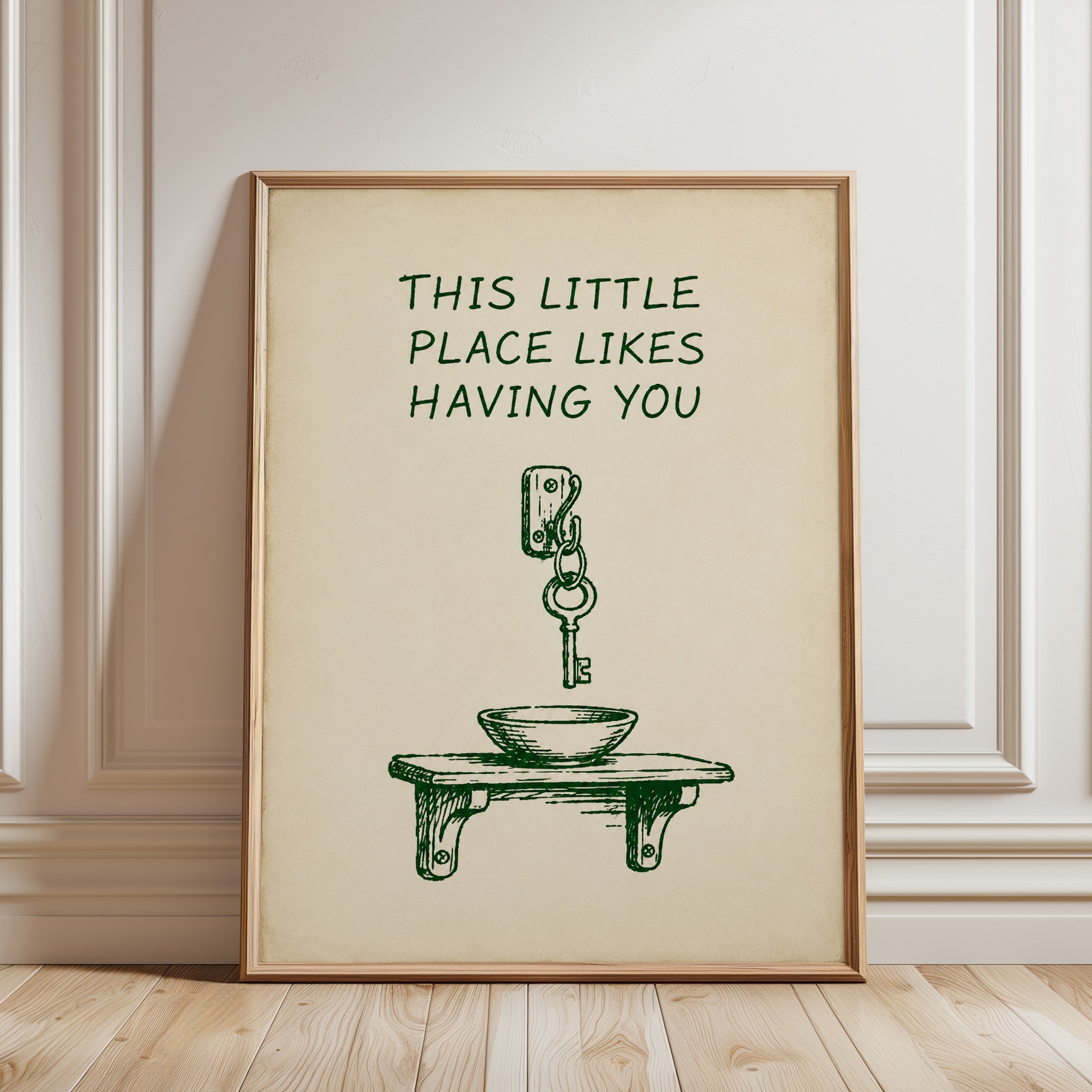 This Little Place Likes Having You: Vintage Key Illustration Print - framed detail