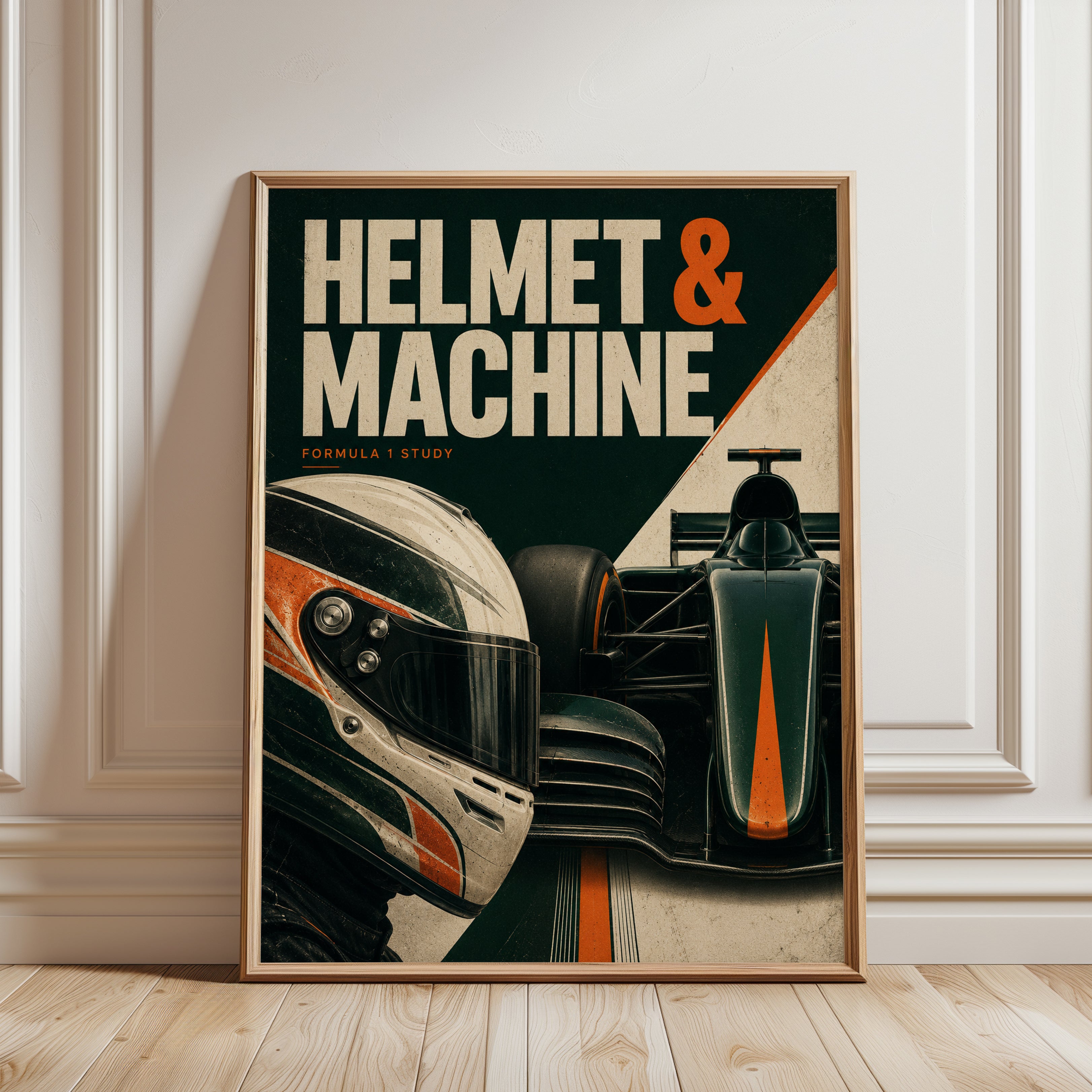 Vintage Formula 1 Racing Poster: Retro Helmet and Car Art - framed detail