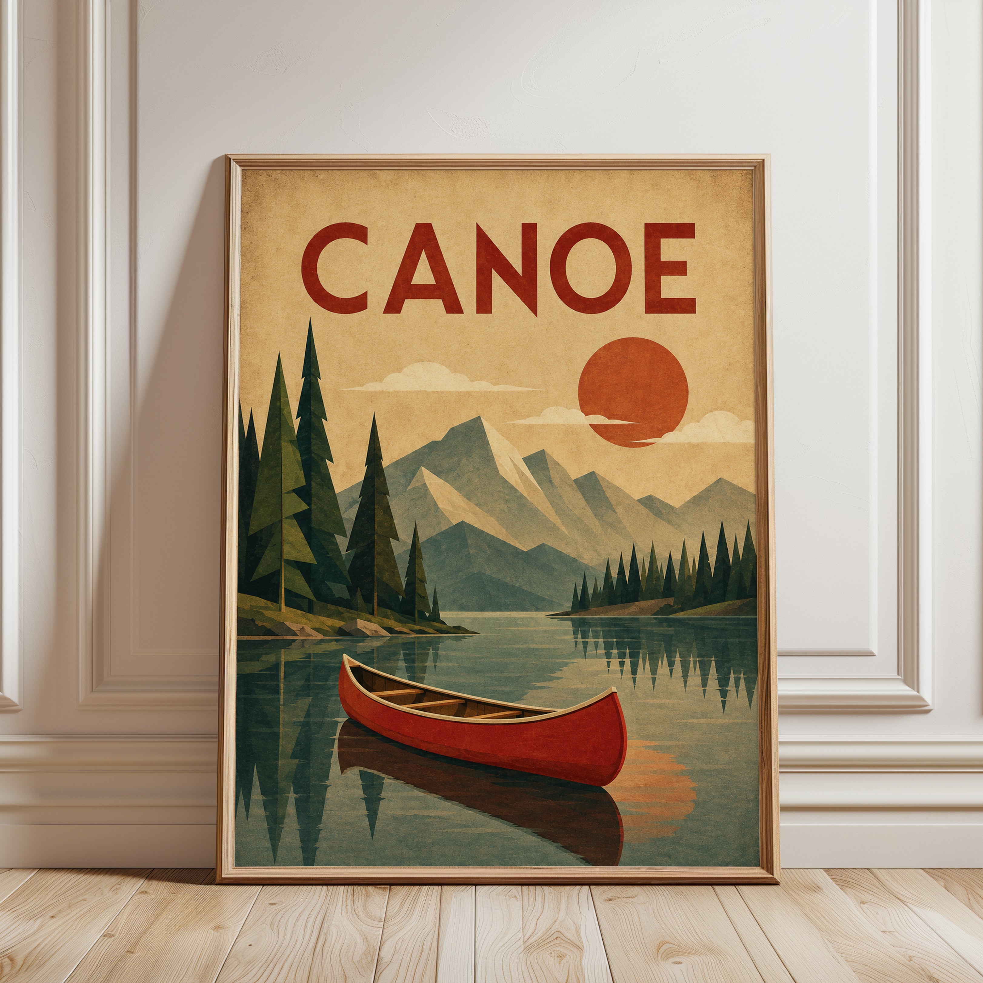Vintage Canoe Poster – Retro Lake Wall Art - framed detail