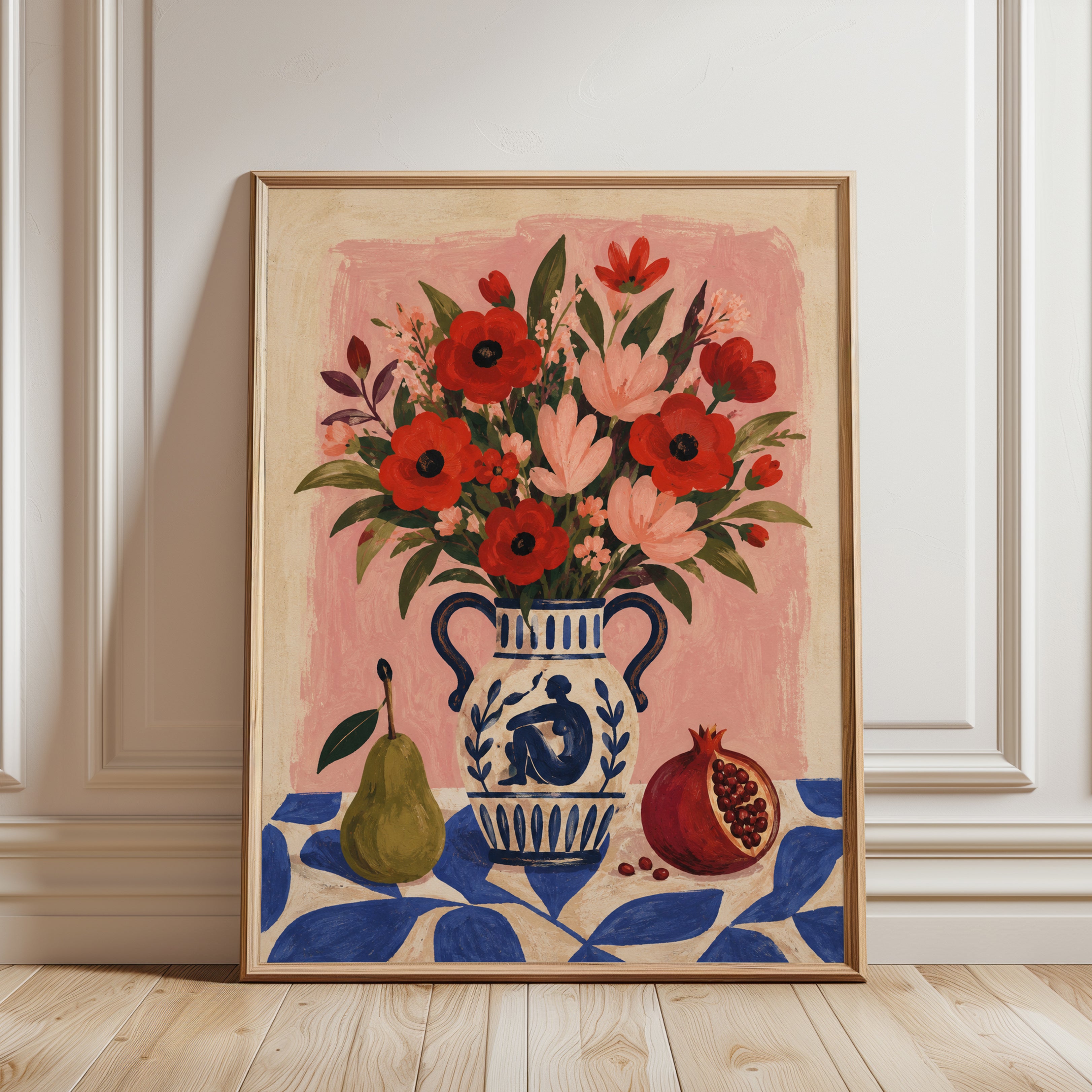 Floral Vase Wall Art – Folk Art Flowers Print - framed detail