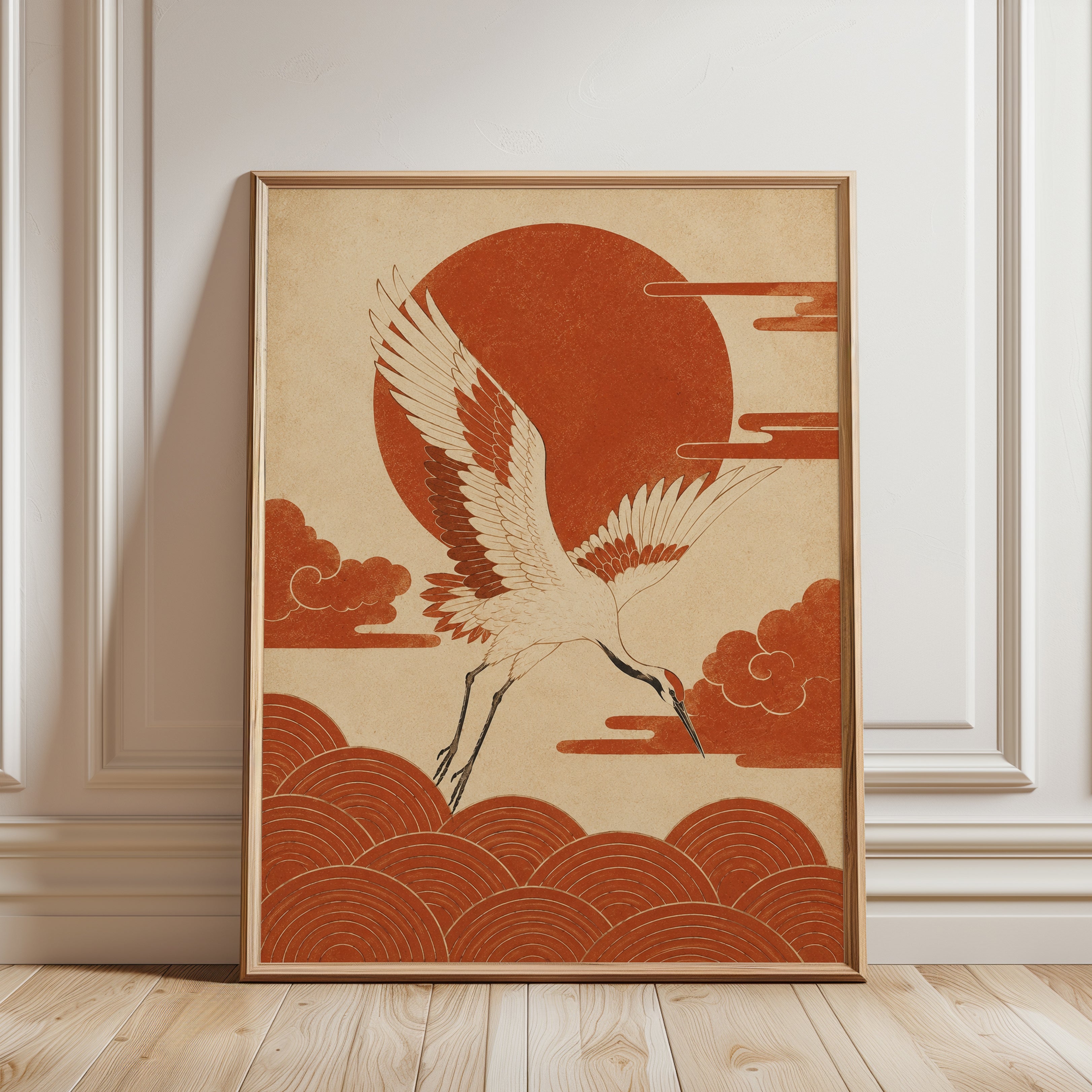Crane Wall Art Print: Vintage Red Sun Motif - framed detail