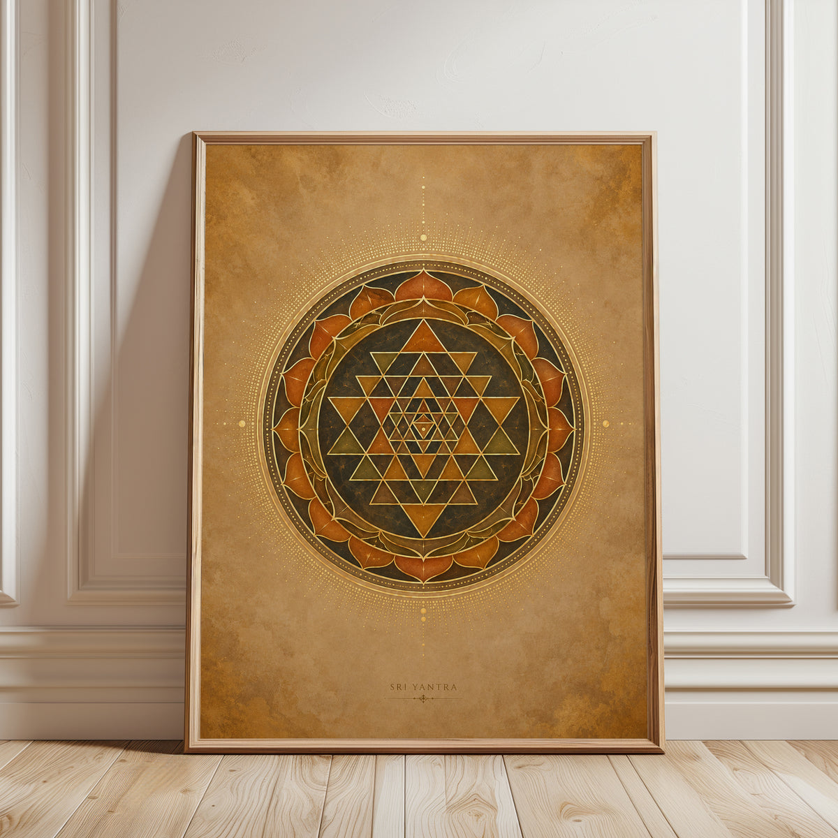 Sri Yantra Mandala: Sacred Geometry Art Print (Gold and Orange) - framed detail