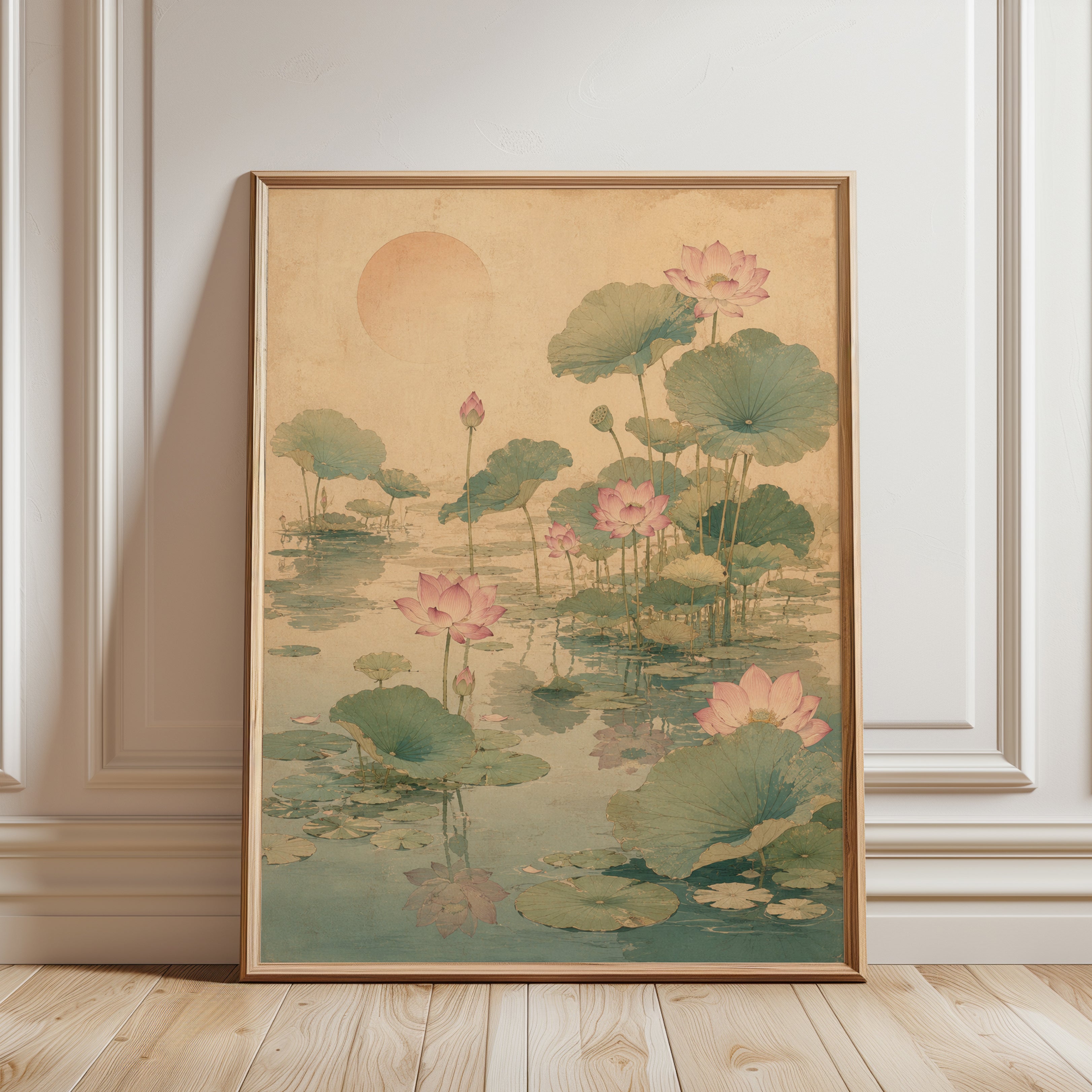 Lotus Pond Art Print: Japanese Watercolor Botanical Design - framed detail
