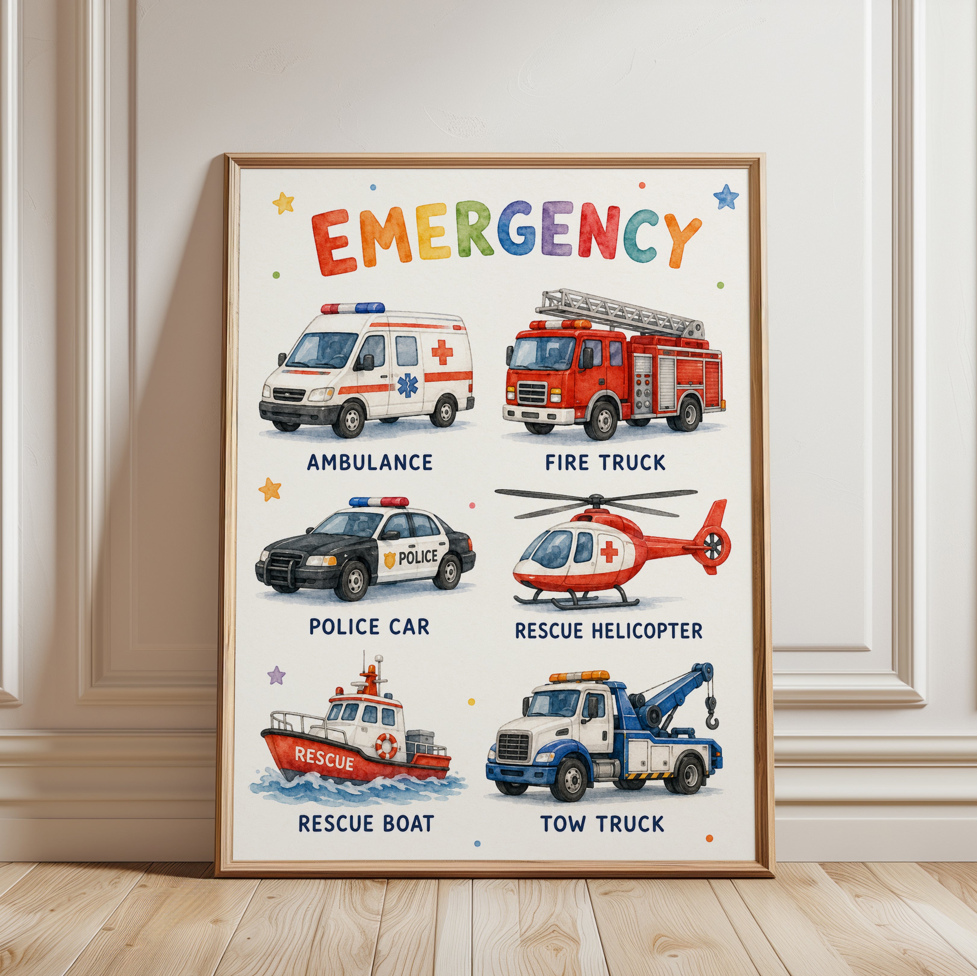 Watercolor Emergency Vehicles Print - framed detail