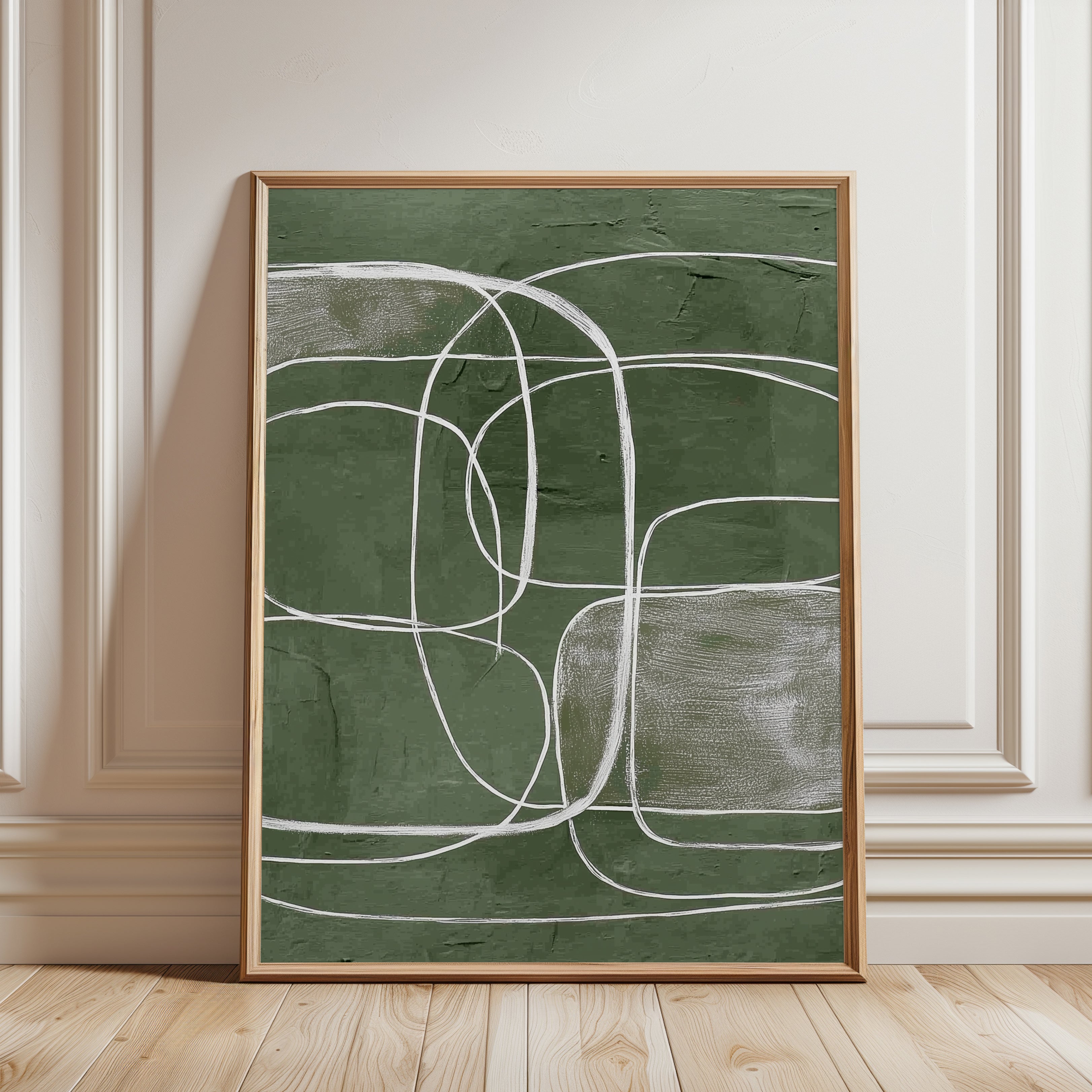 Organic Abstract Print: Green Minimal Line Art - framed detail