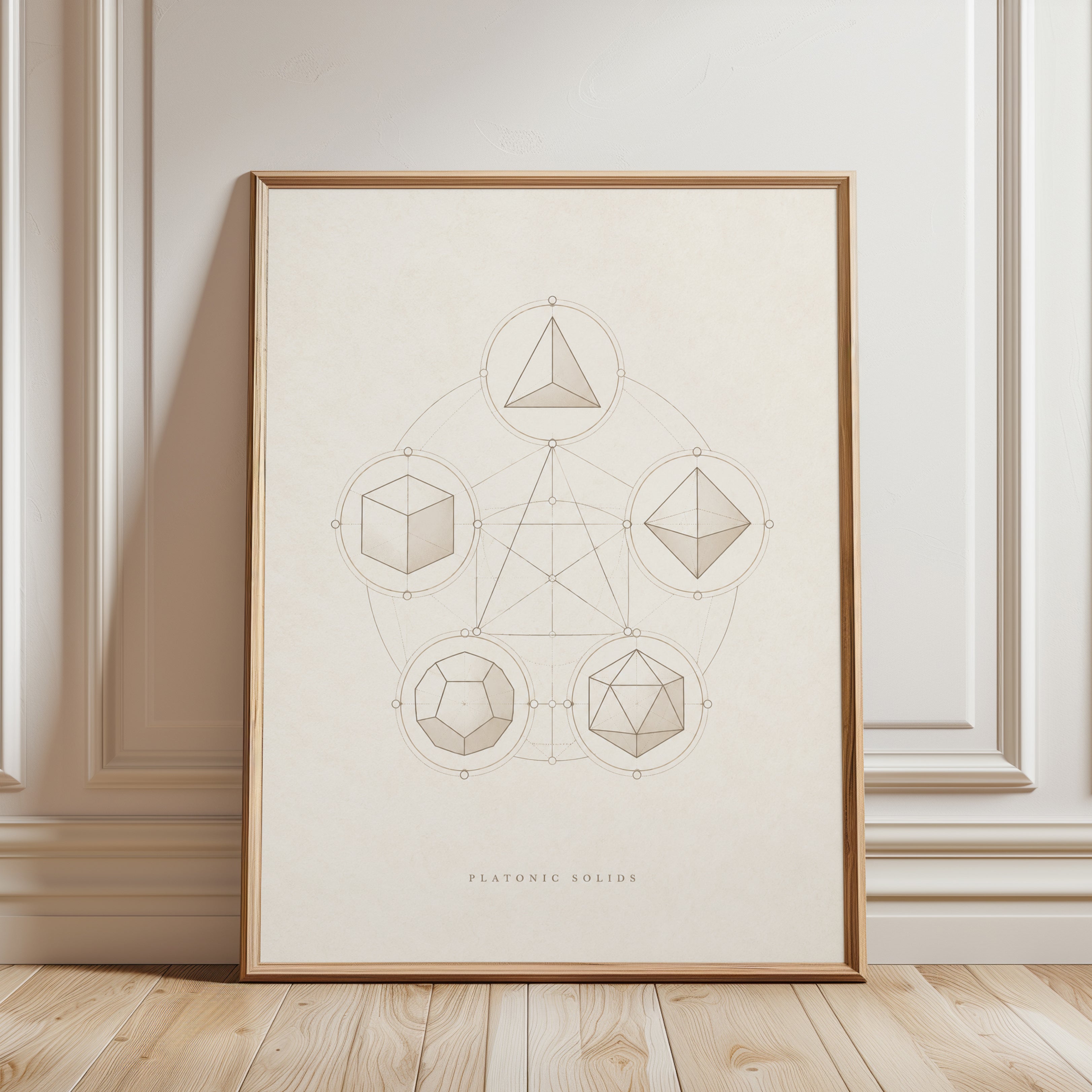 Sacred Geometry Art: Platonic Solids Design (Gold on Cream Background) - framed detail
