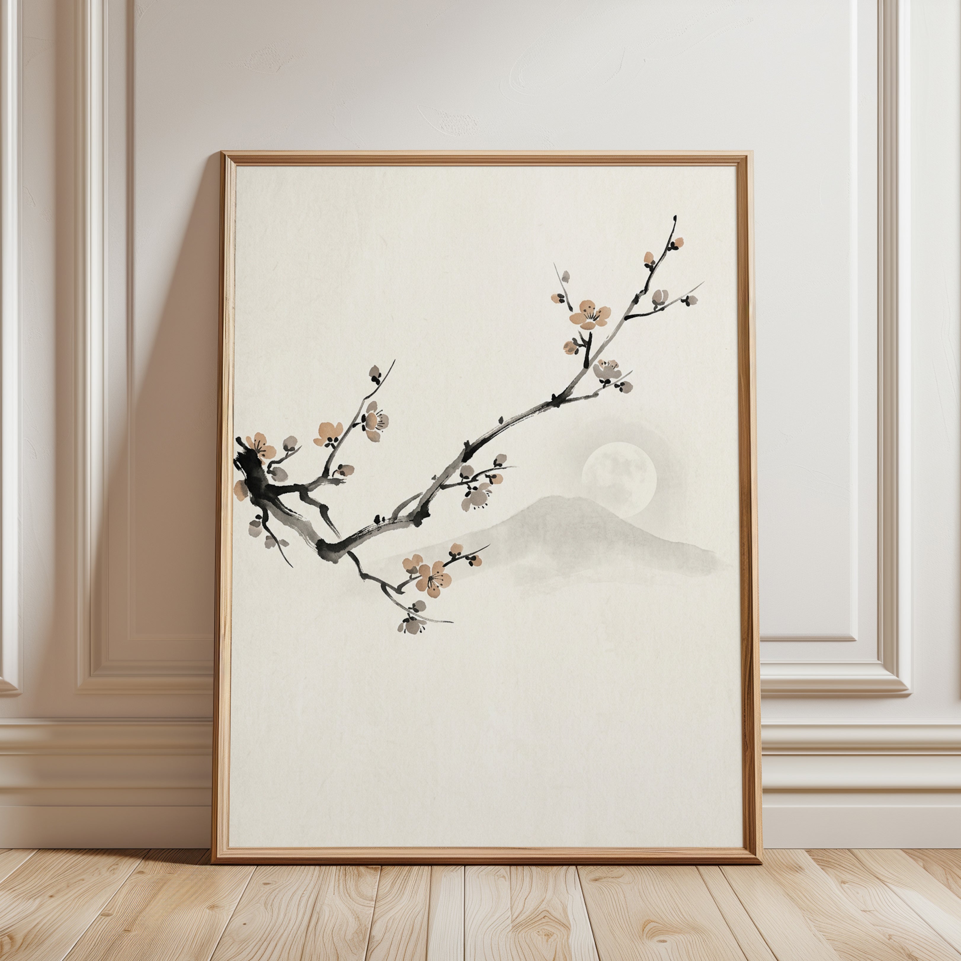 Cherry Blossom Branch Art Print: Japanese Ink Wash Painting - framed detail