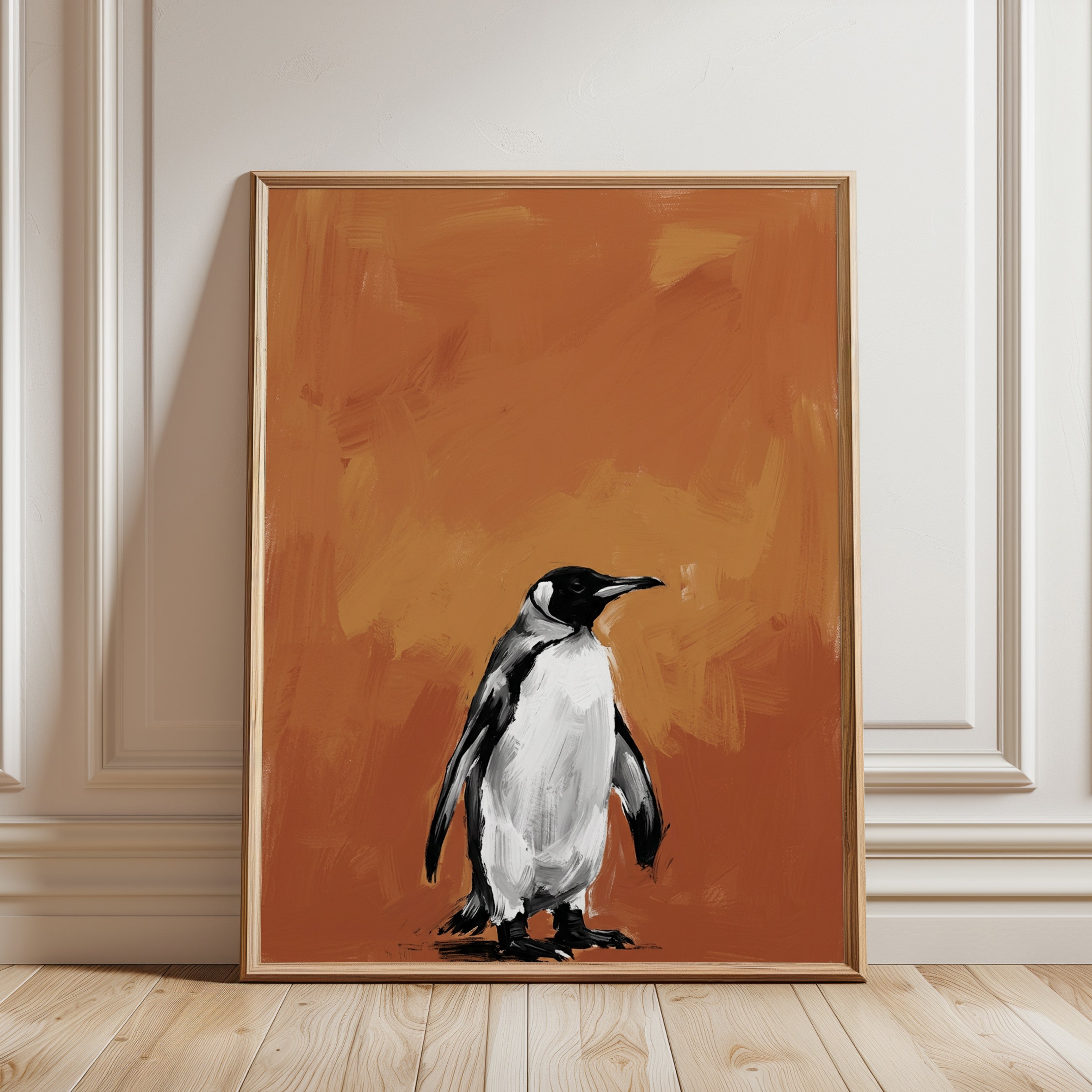 Penguin Portrait on Orange: Contemporary Wildlife Art Print - framed detail