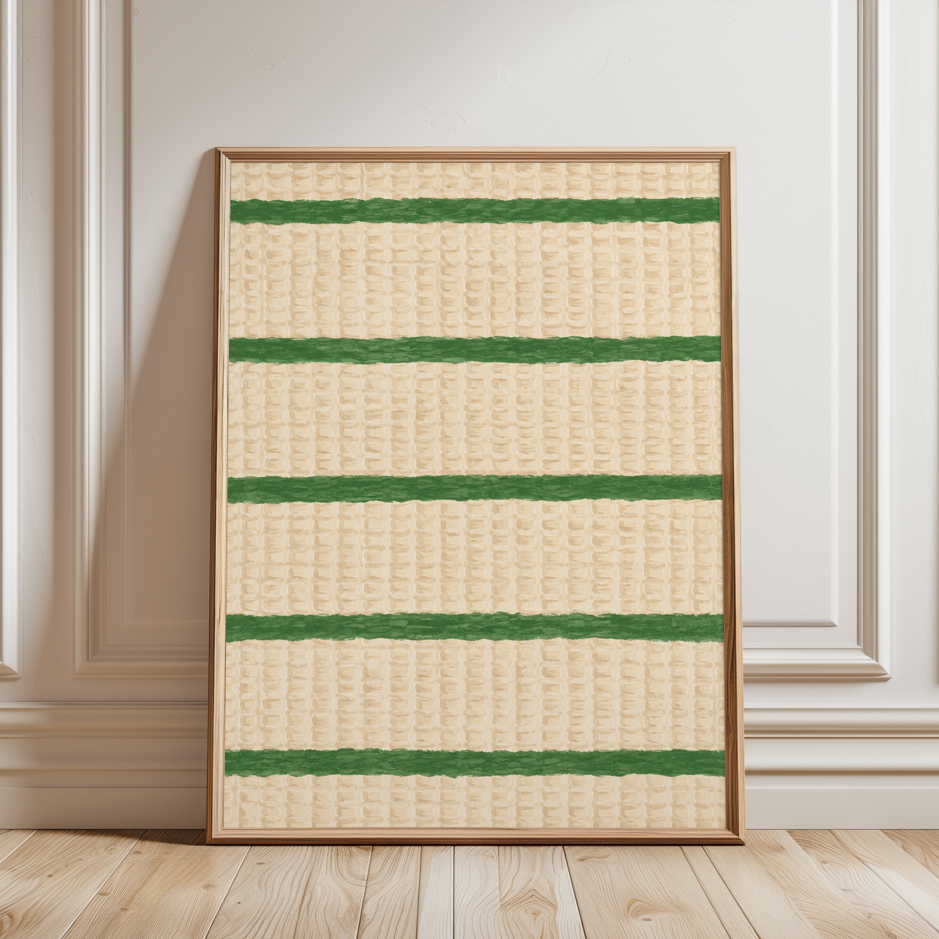 Woven Textile Stripes Print: Green and Cream Fabric Art - framed detail
