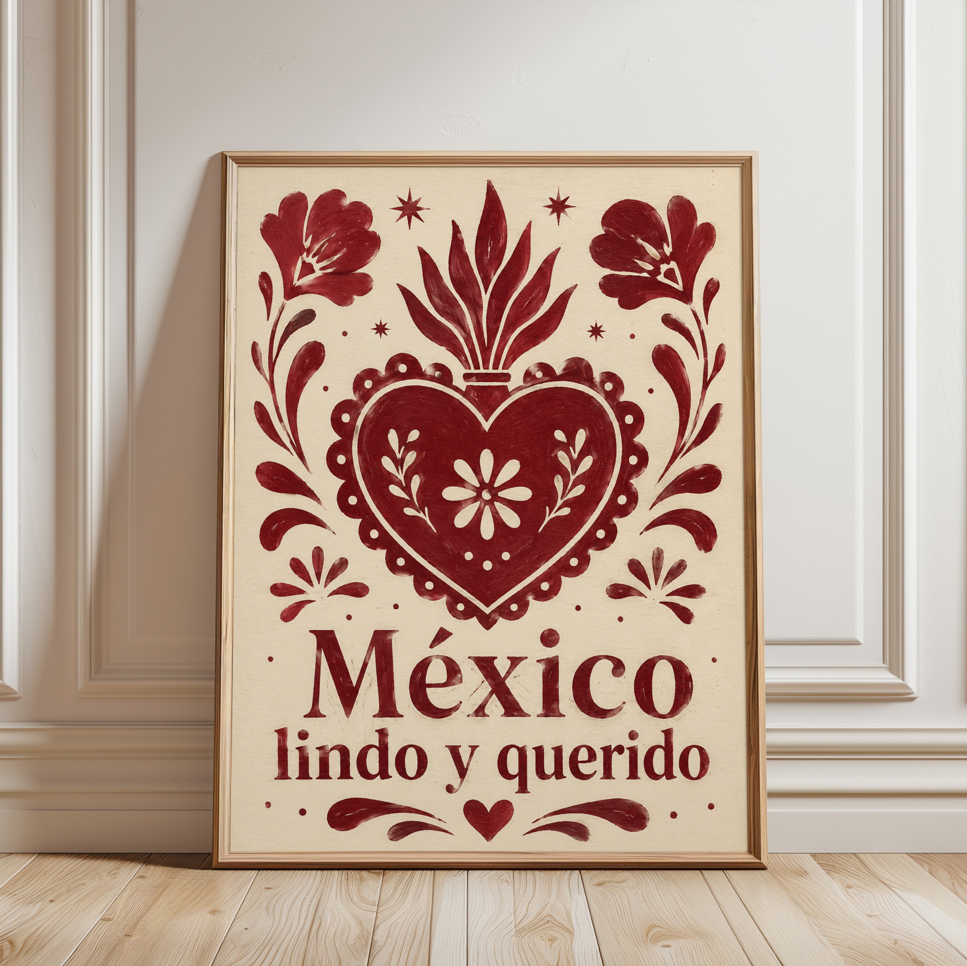 Mexico Lindo Y Querido Folk Art Print: Red Heart Floral Design - framed detail