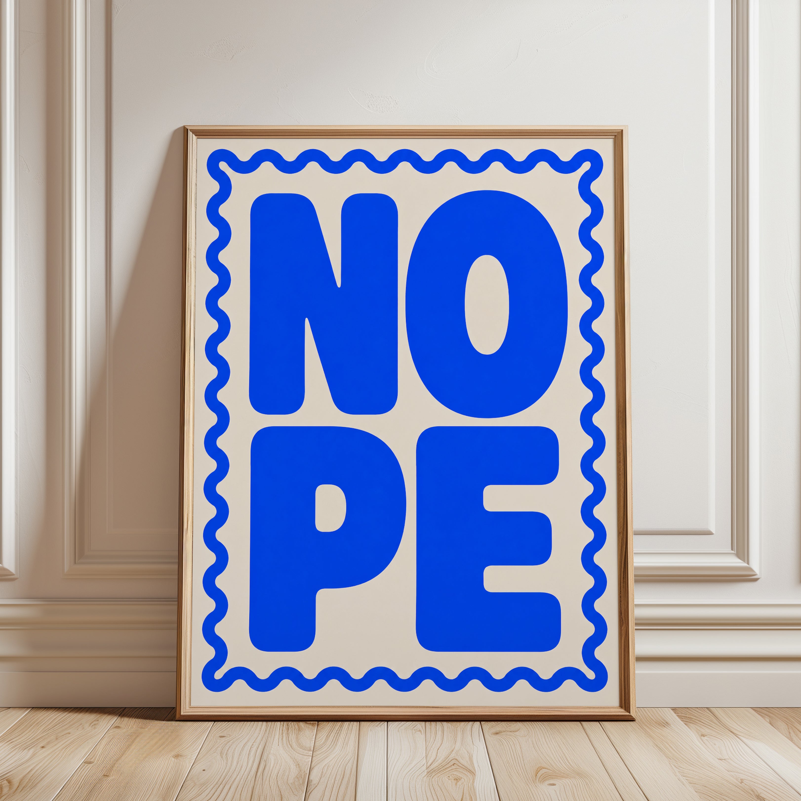 Nope Typography Poster: Bold Blue Retro Lettering Art Print - framed detail