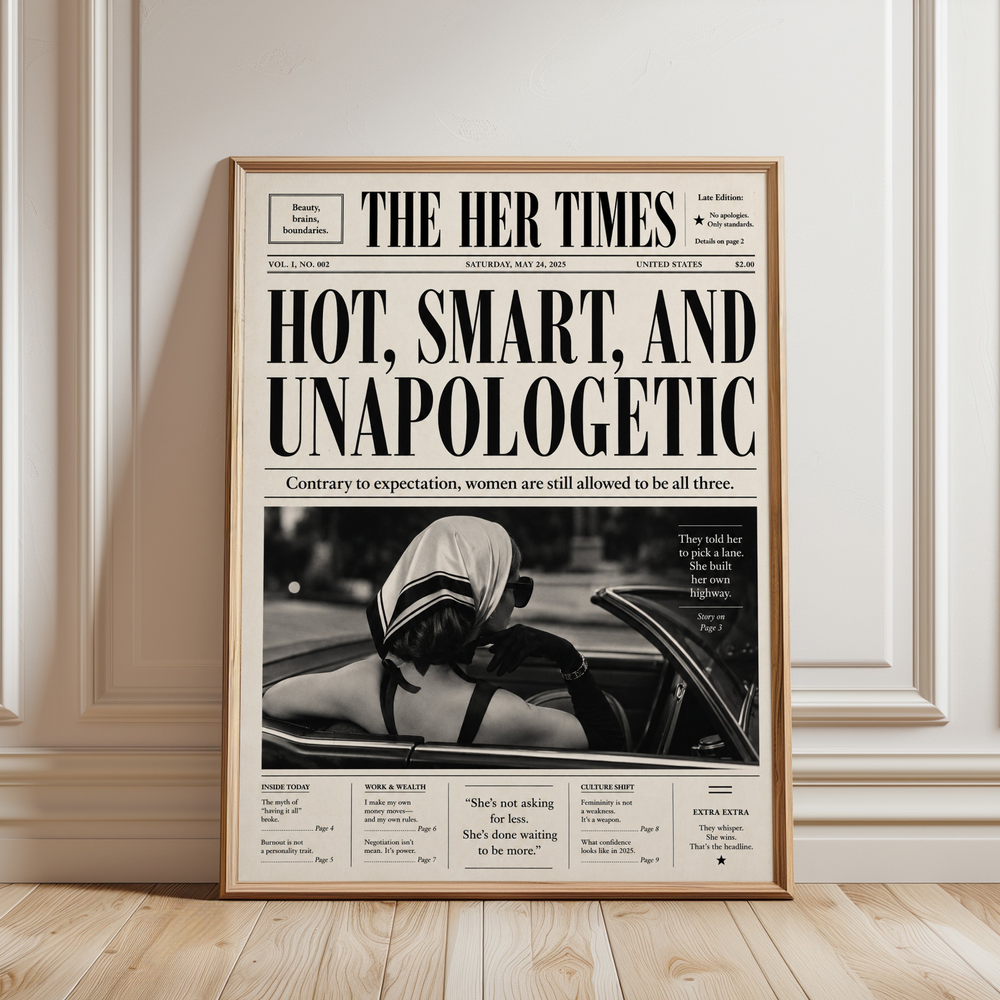 Feminist Newspaper Print: Vintage Empowerment Statement - framed detail