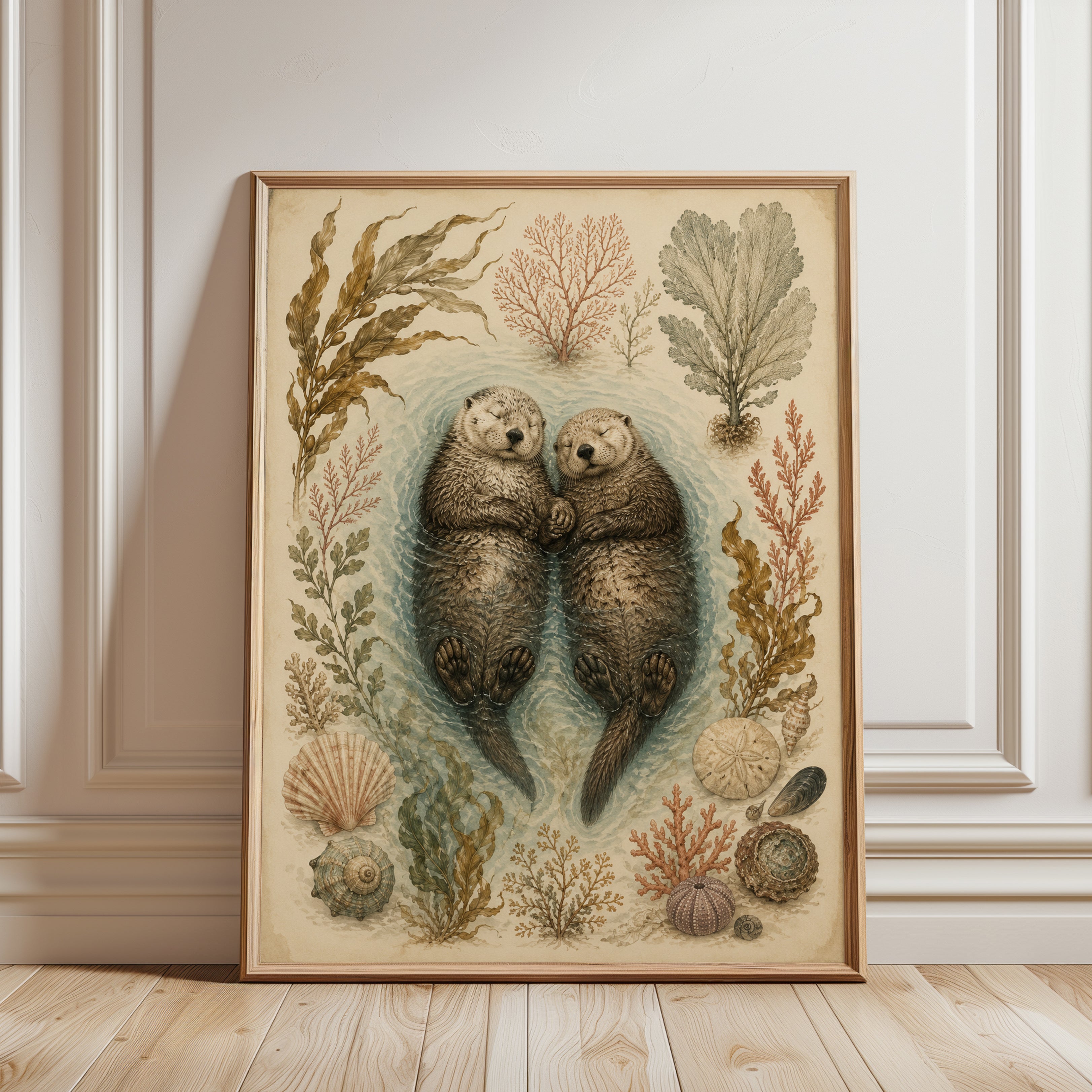 Sea Otter Couple Print — Vintage Nautical Illustration - framed detail