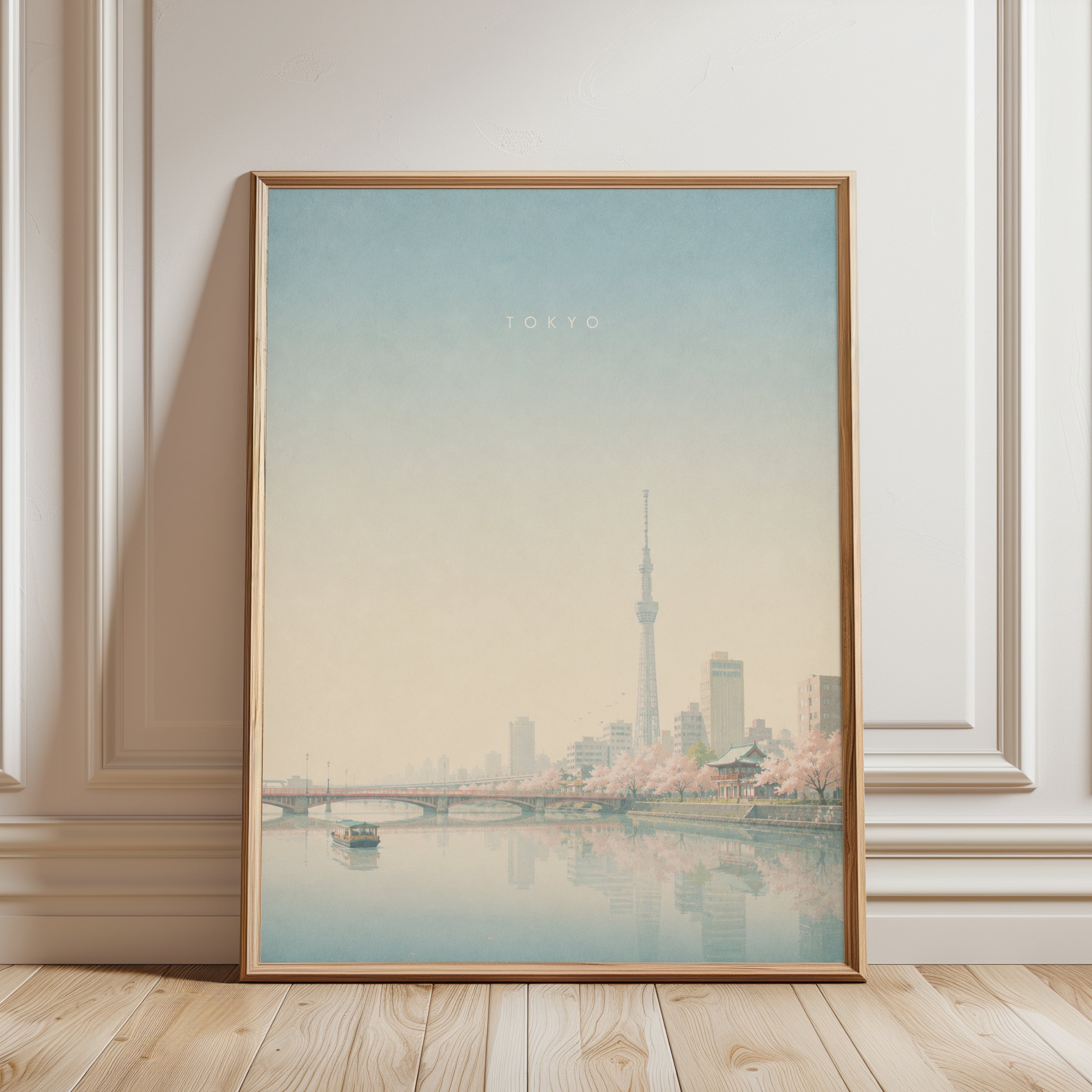 Tokyo Skytree Cherry Blossom Print: Pastel Cityscape Wall Art - framed detail