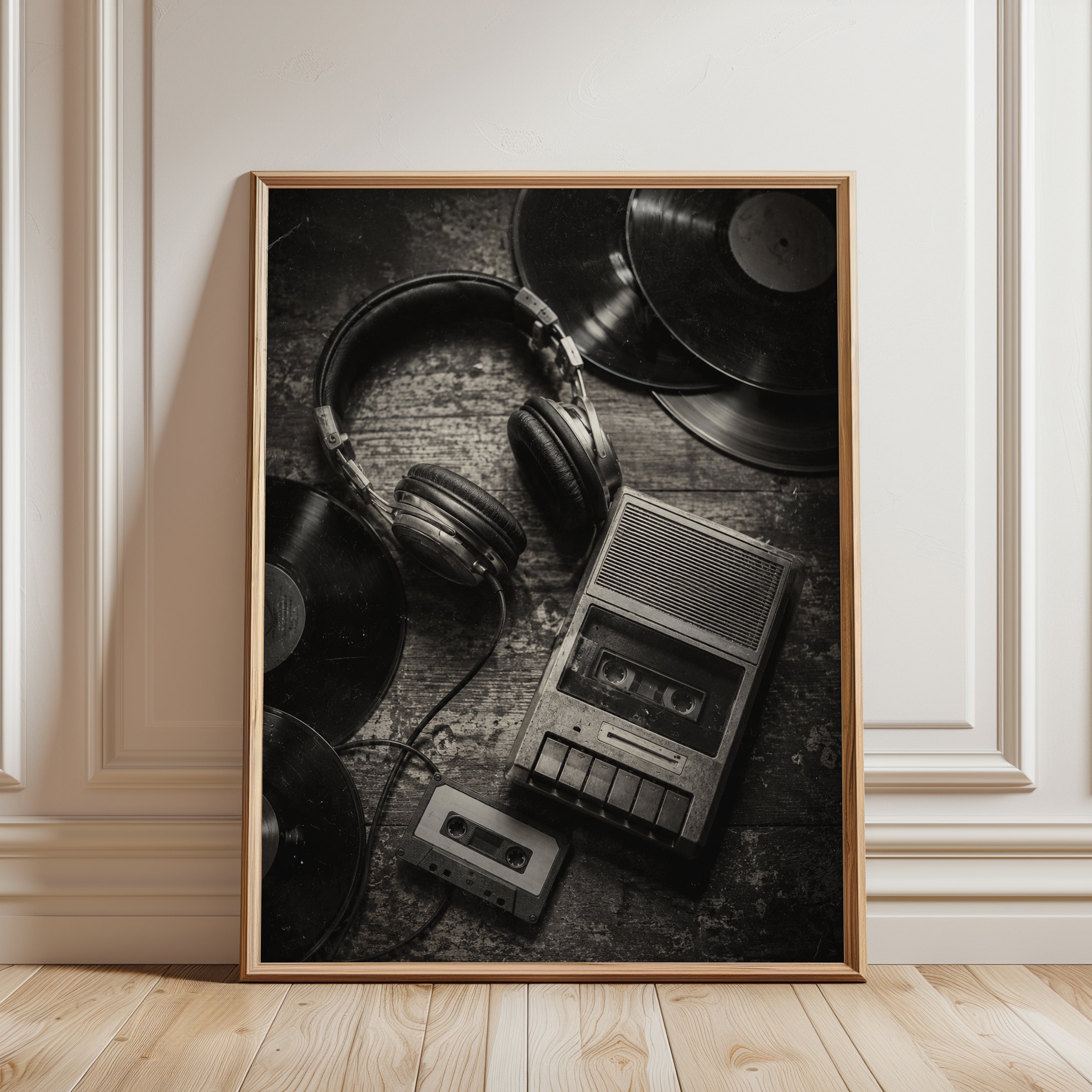 Vintage Audio Equipment Print — Retro Cassette & Vinyl Photography - framed detail