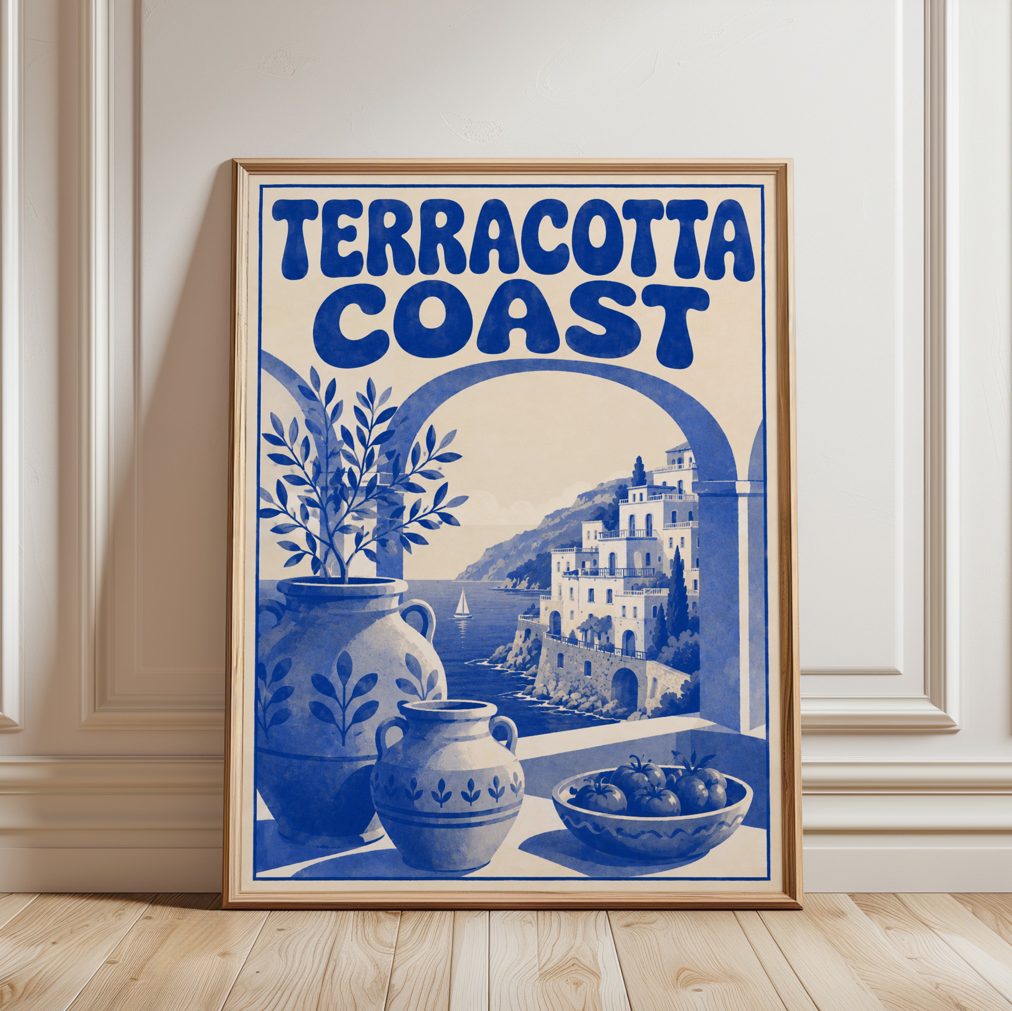 Terracotta Coast Travel Poster: Vintage Italian Riviera - framed detail