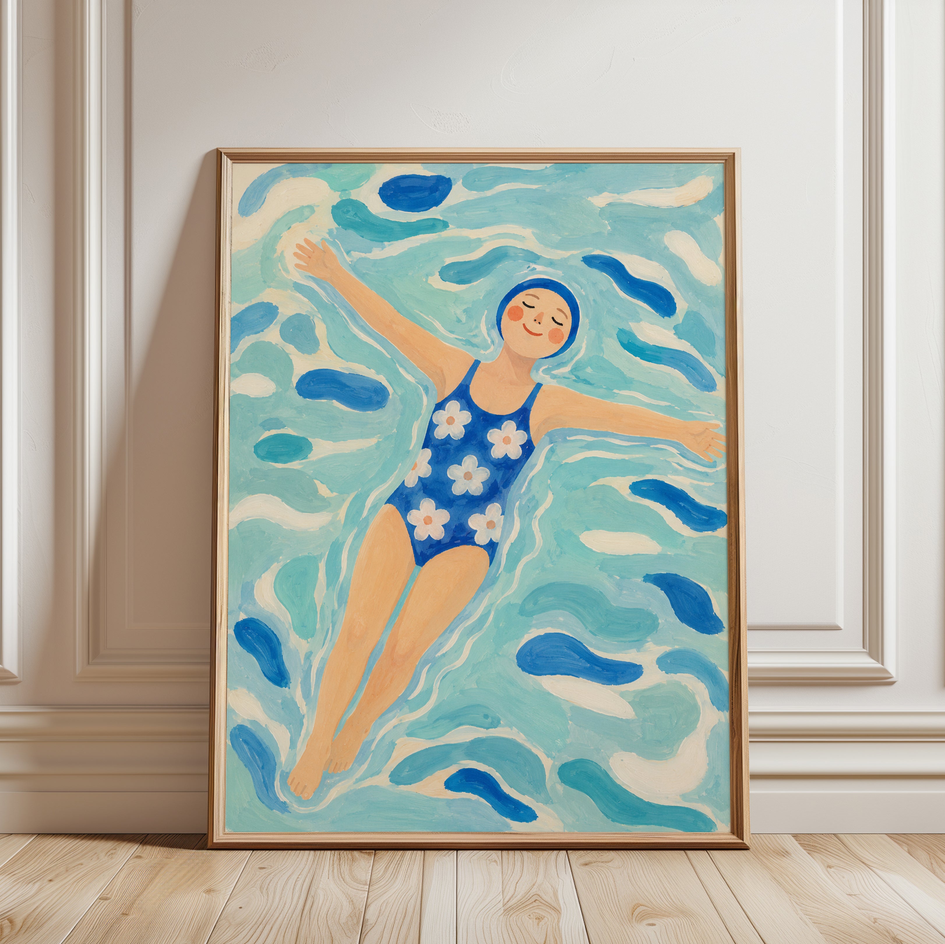 Vintage Swimmer Wall Art – Retro Beach Print - framed detail