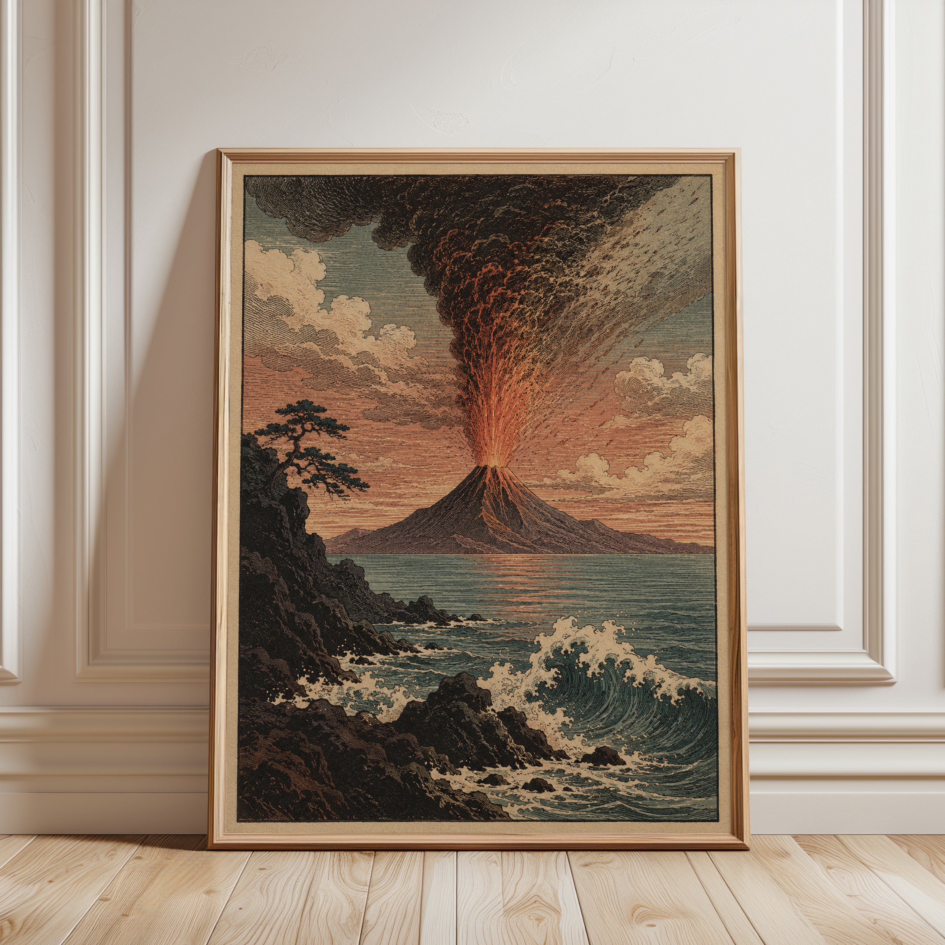 Vintage Volcano Eruption Print — Japanese Woodblock Style - framed detail