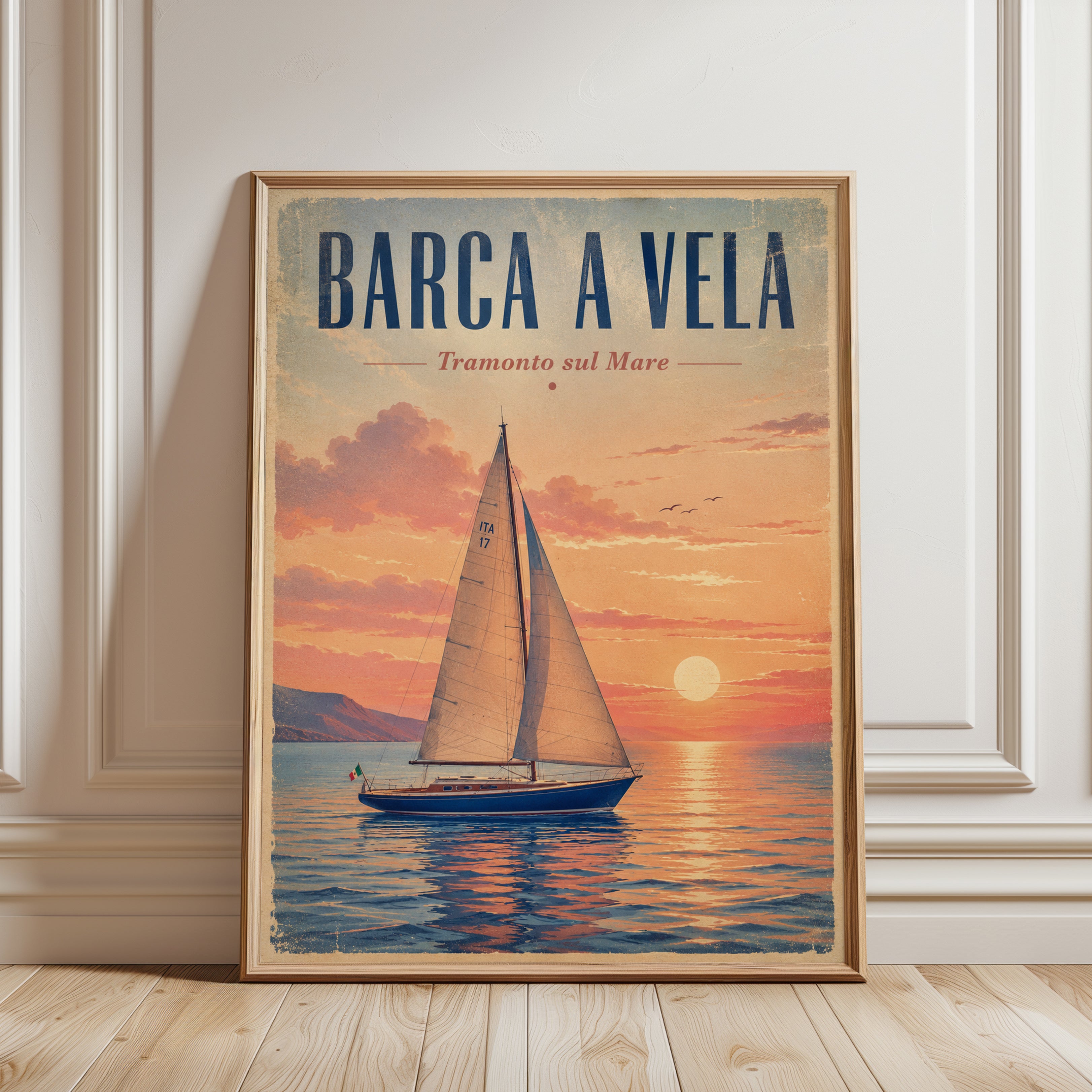 Italian Sailing Poster: Vintage Sunset Coastal Art Print - framed detail