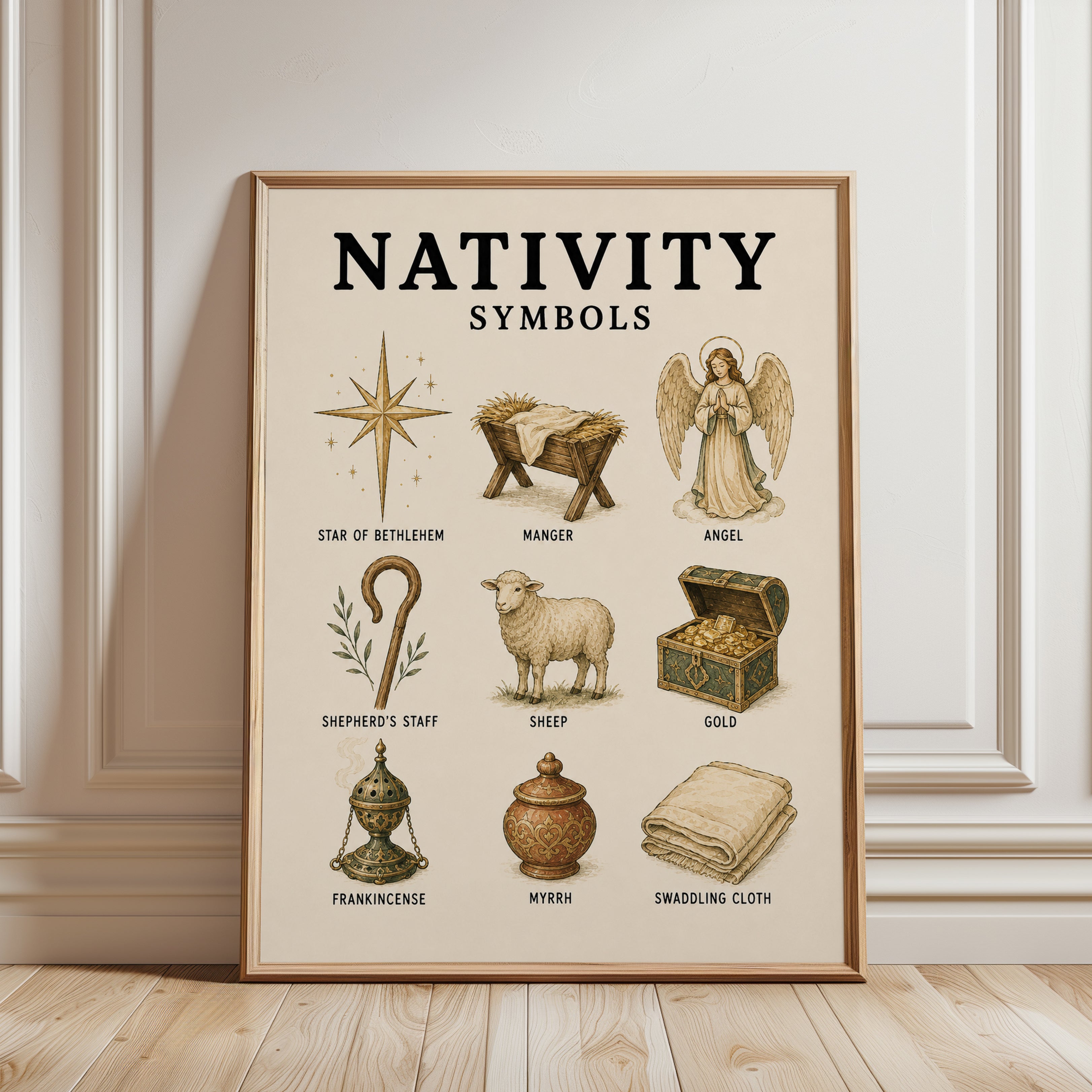 Nativity Symbols Poster: Vintage Christian Wall Art - framed detail