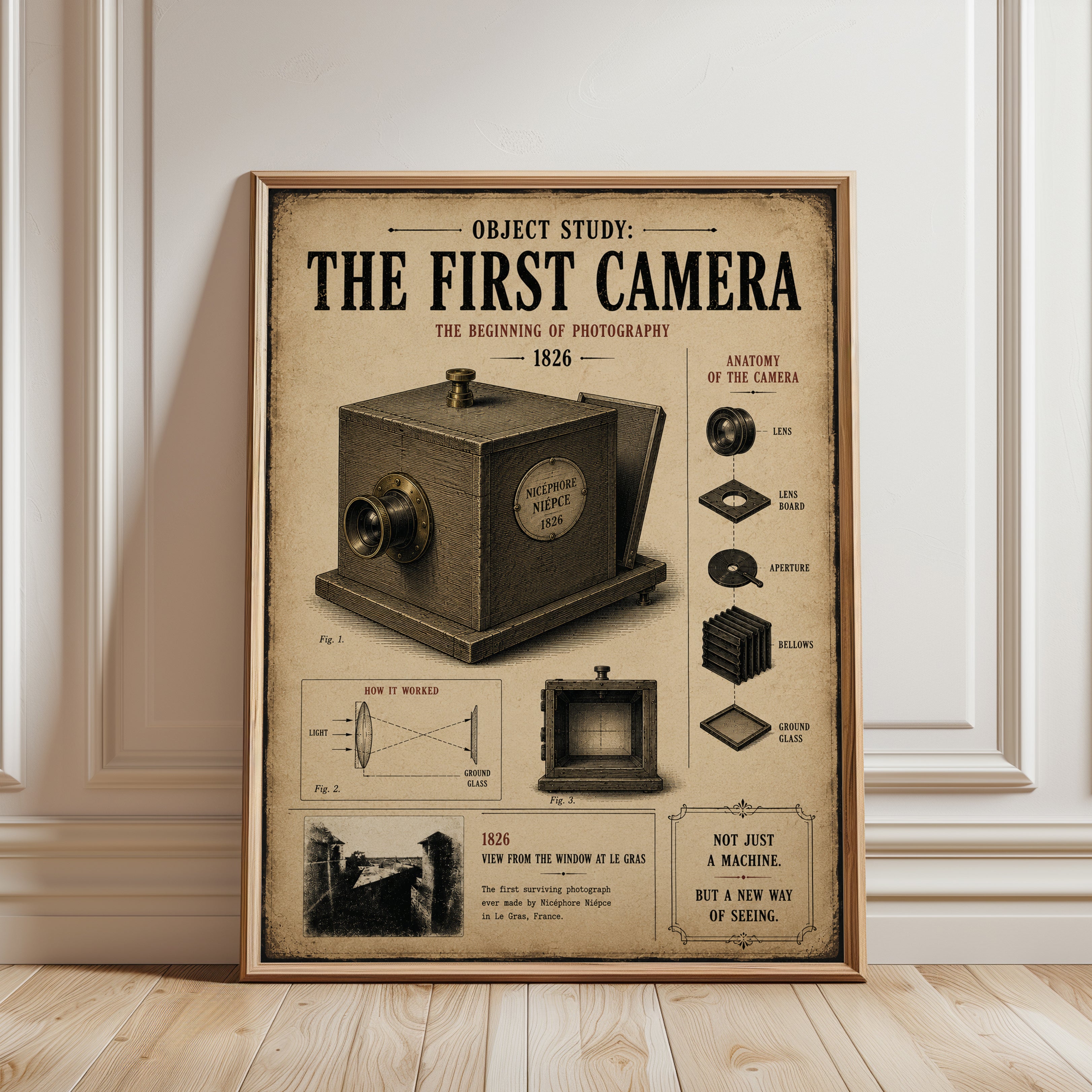 Vintage Camera Diagram Art Print: 1826 Photography History Poster - framed detail