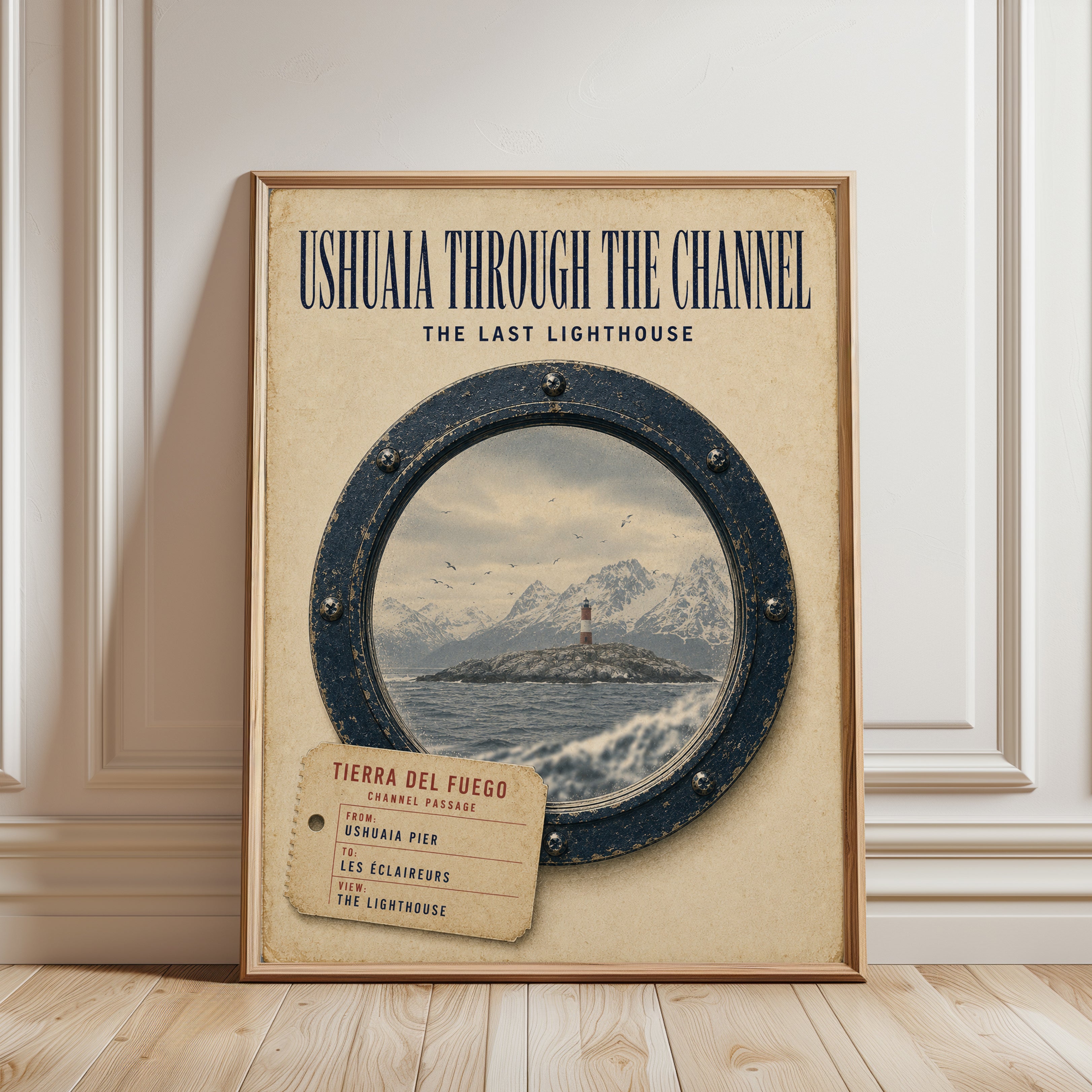 Ushuaia Lighthouse Porthole Print: Vintage Nautical Travel Poster - framed detail