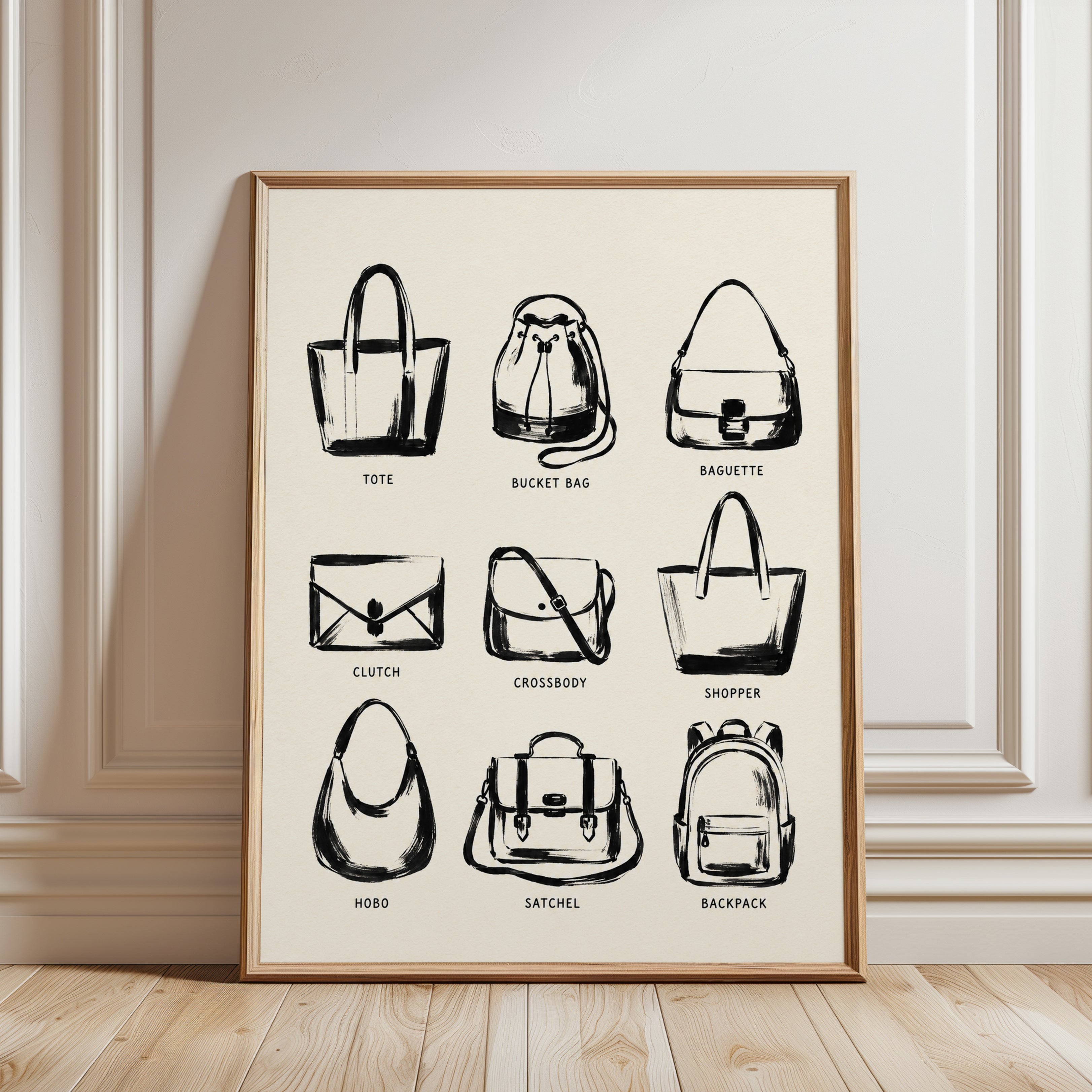 Handbag Types Guide Print: Black Ink Fashion Illustration - framed detail