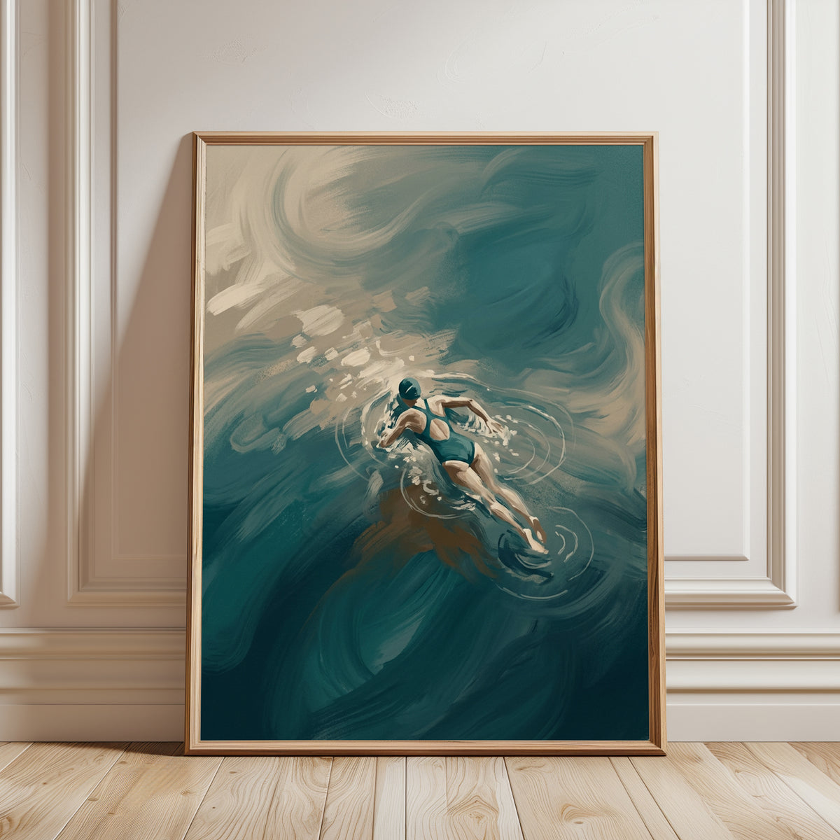 Swimmer in Teal Waters Art Print: Impressionist Aquatic Motion - framed detail
