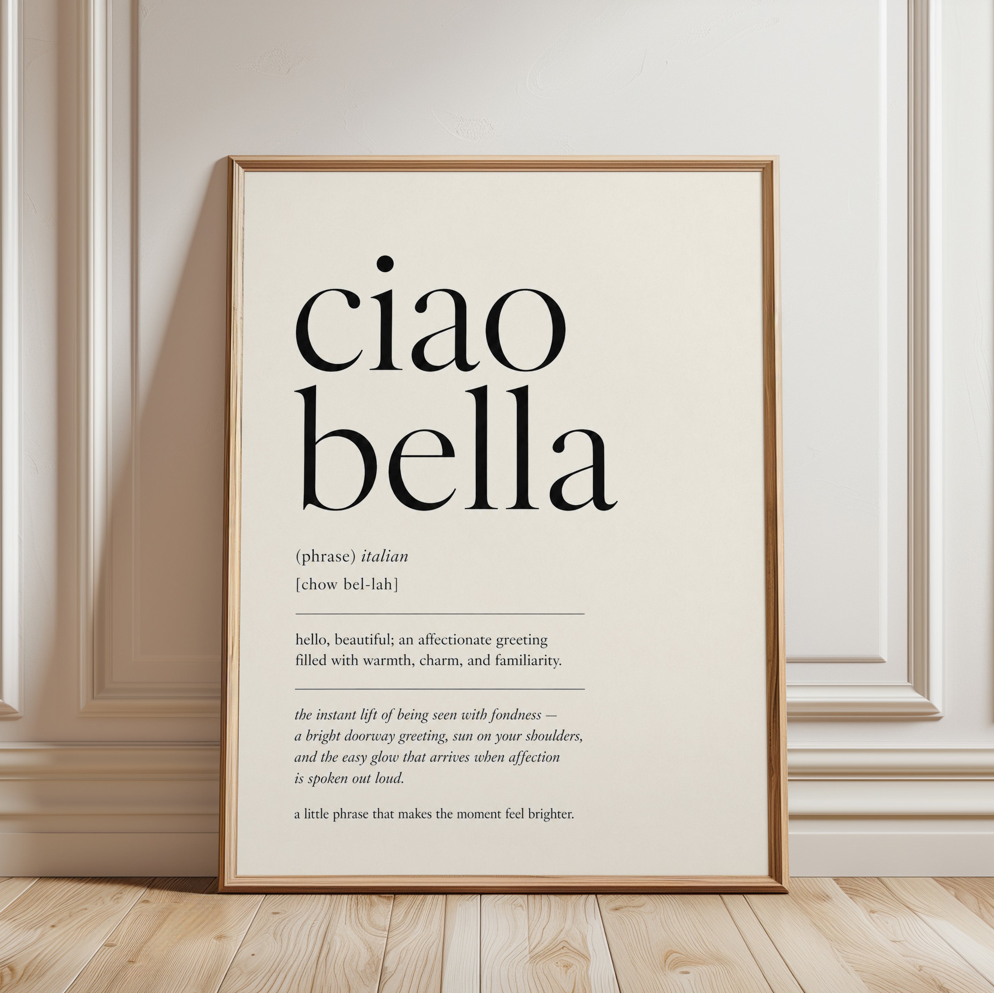 Ciao Bella Typography Print: Italian Phrase - framed detail