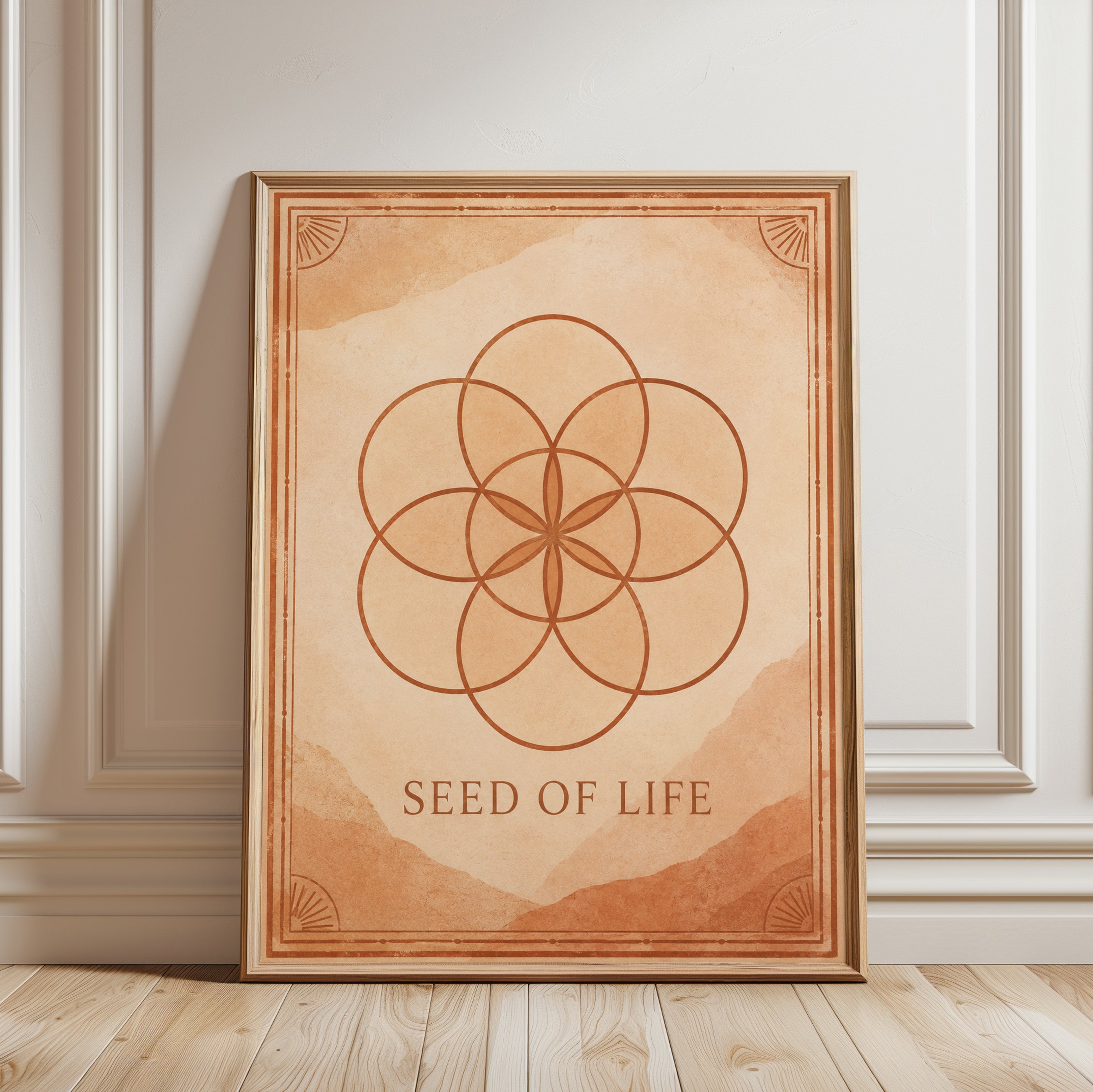 Seed of Life Print: Sacred Geometry Art in Warm Terracotta - framed detail