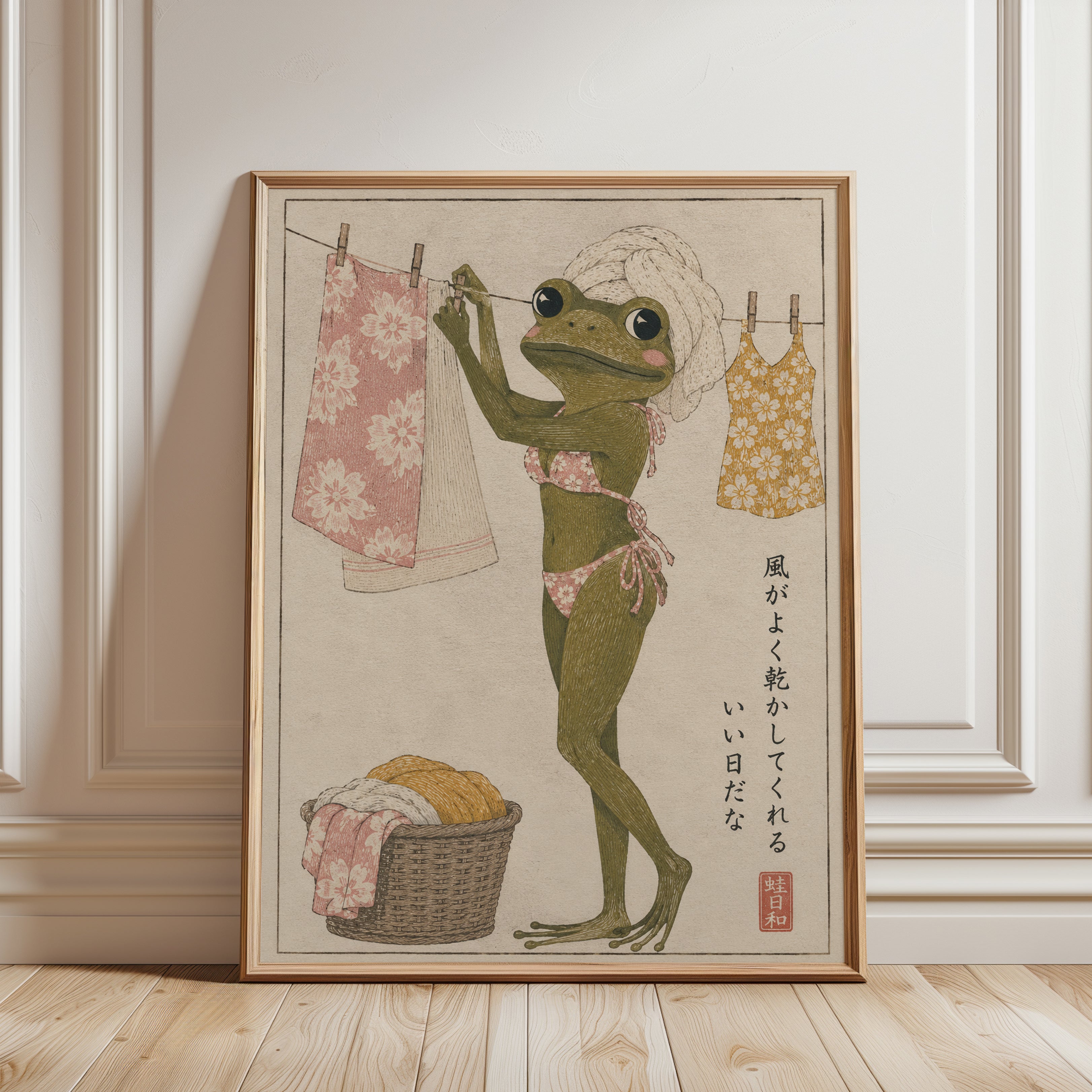 Japanese Frog Laundry Art - framed detail
