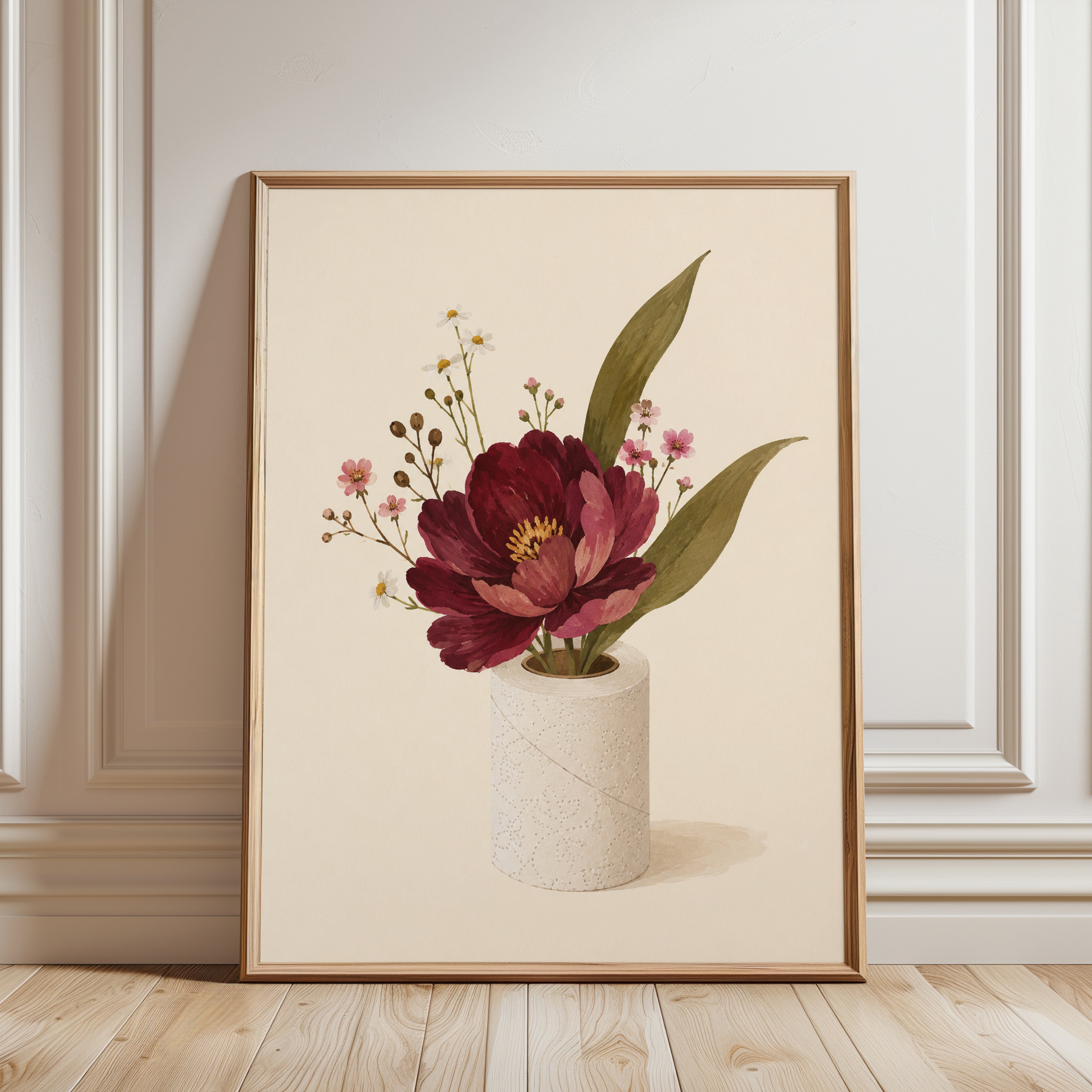 Burgundy Floral Vase Print - framed detail