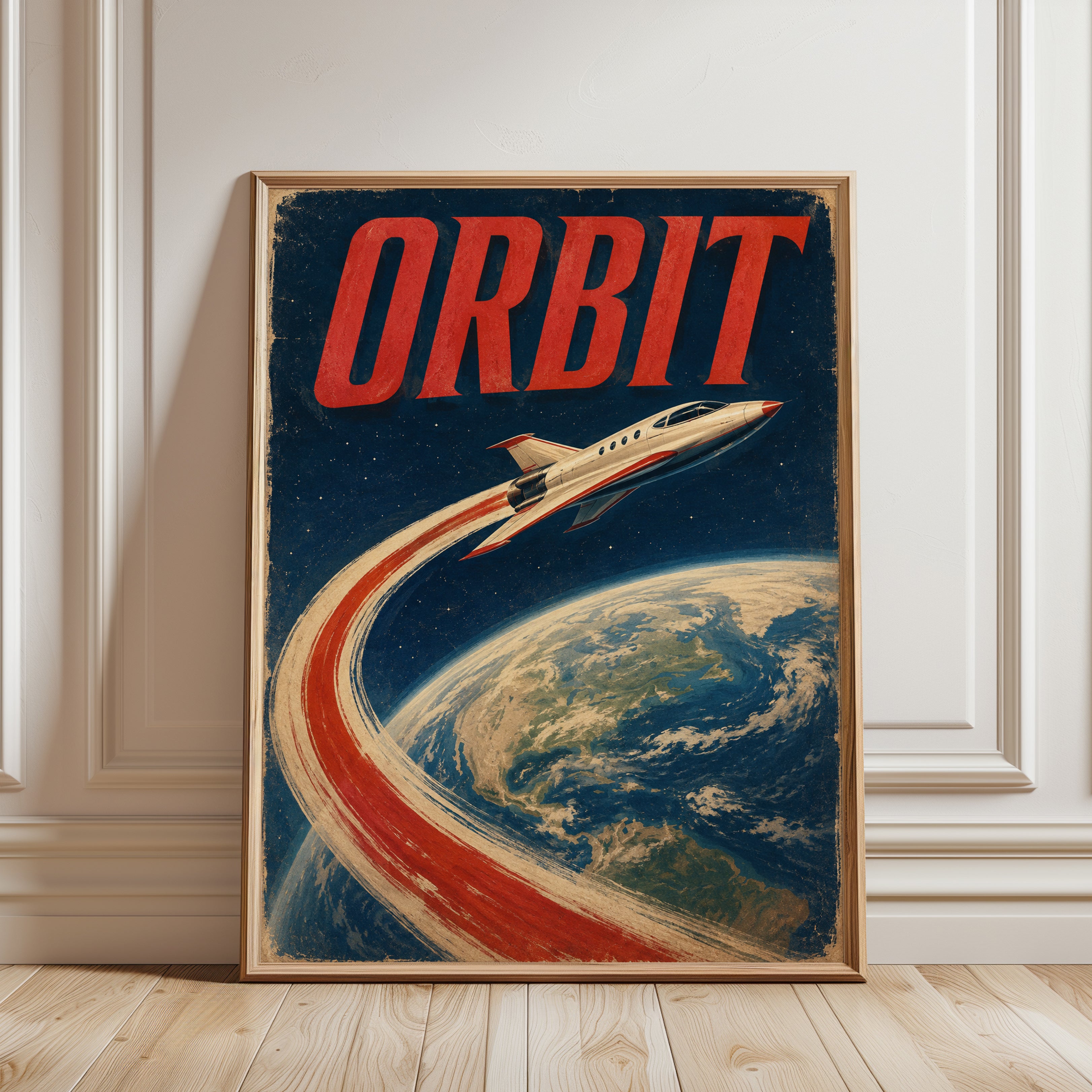 Orbit Space Rocket Poster: Vintage Retro Sci-Fi Wall Art - framed detail