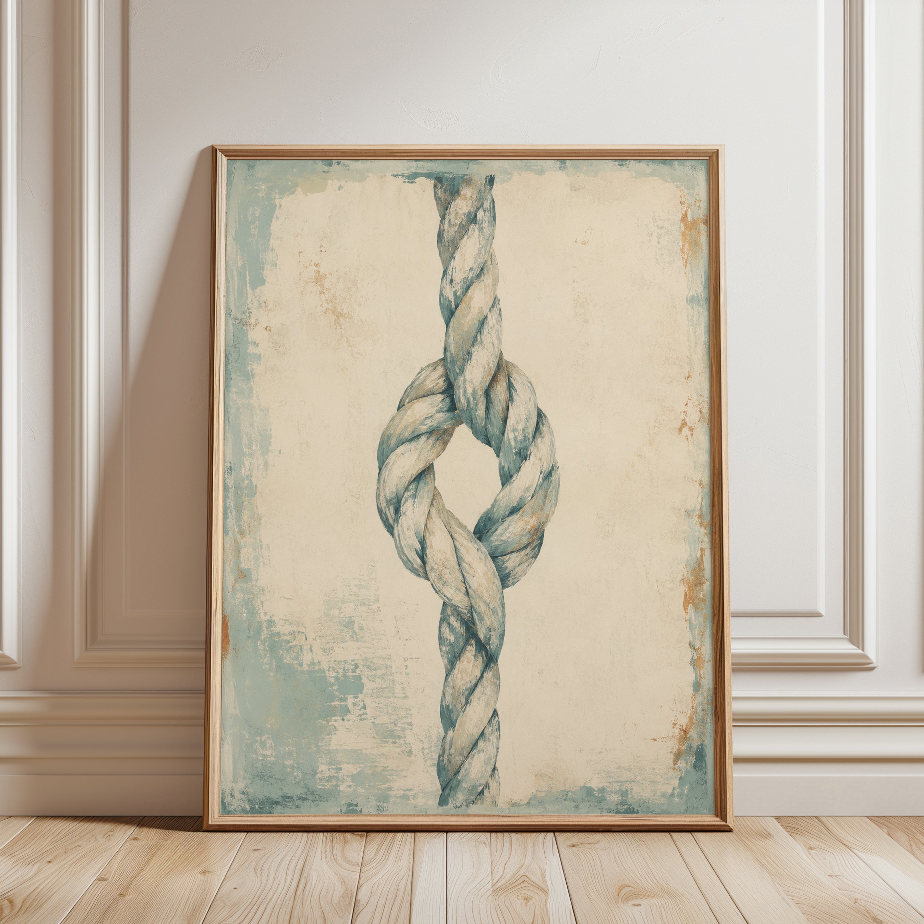 Nautical Rope Knot Art Print: Coastal Blue and Cream Distressed - framed detail