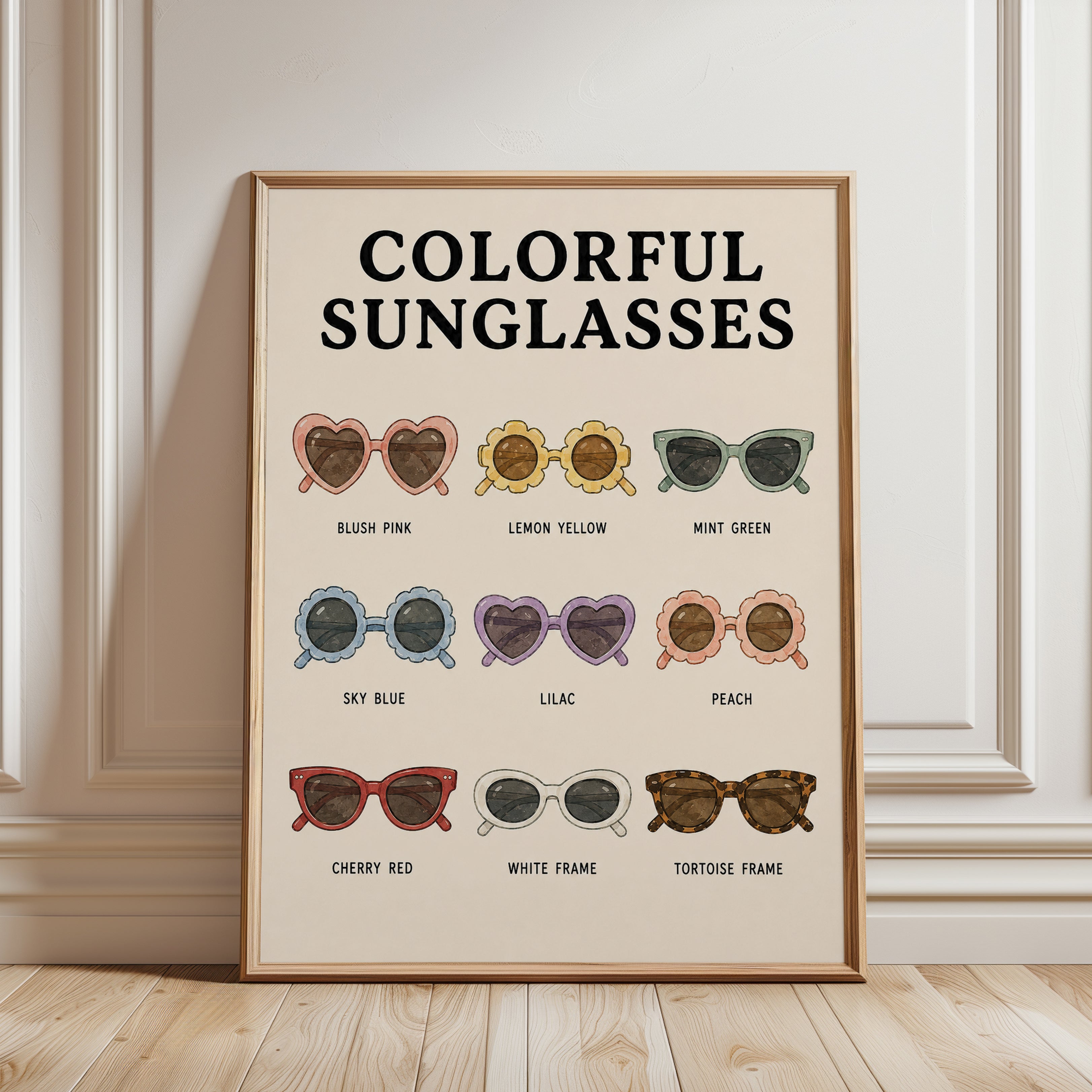 Colorful Sunglasses Print — Whimsical Retro Fashion Illustration - framed detail