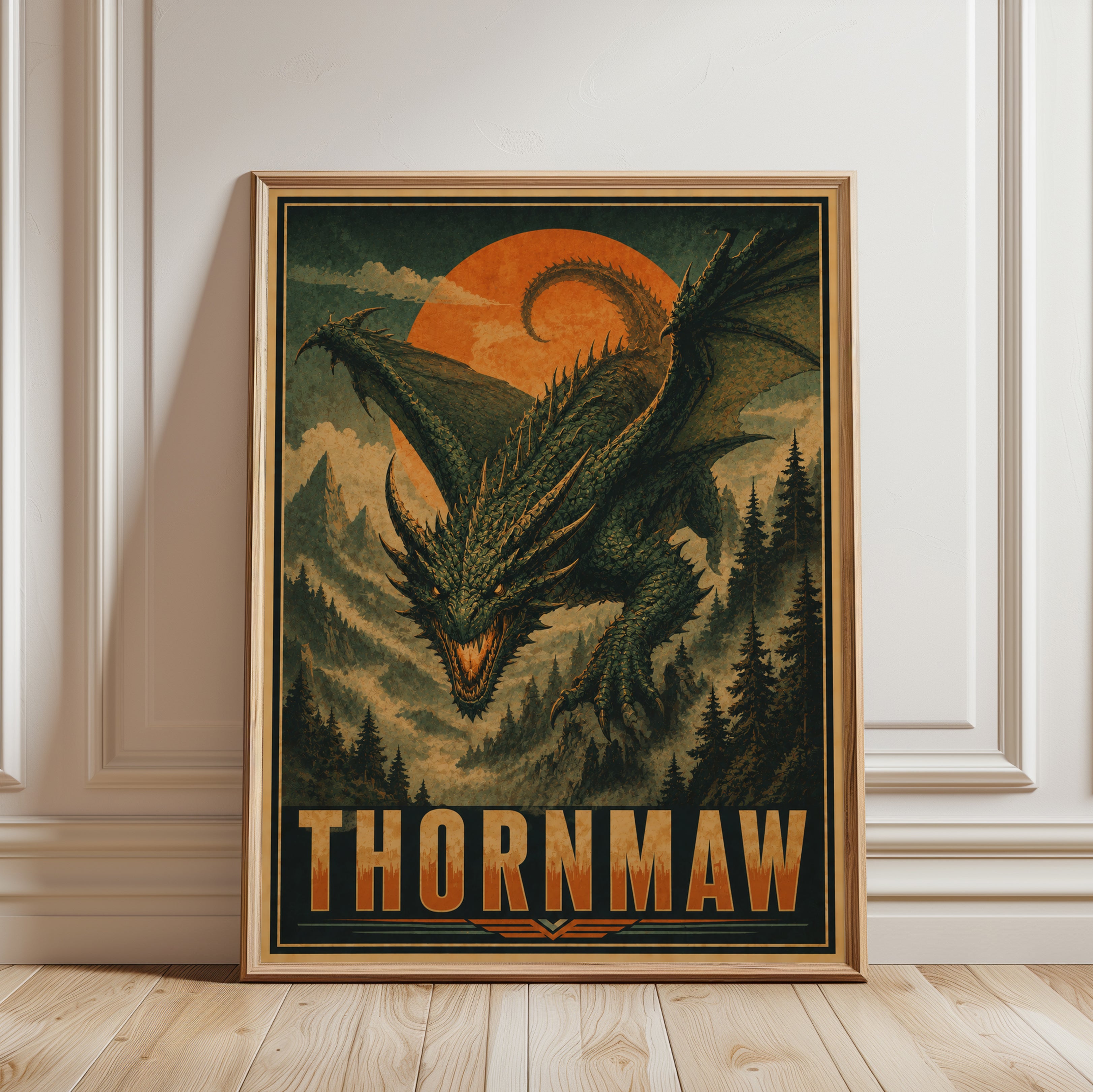 Thornmaw Dragon Poster: Vintage Fantasy Art with Orange Sun - framed detail