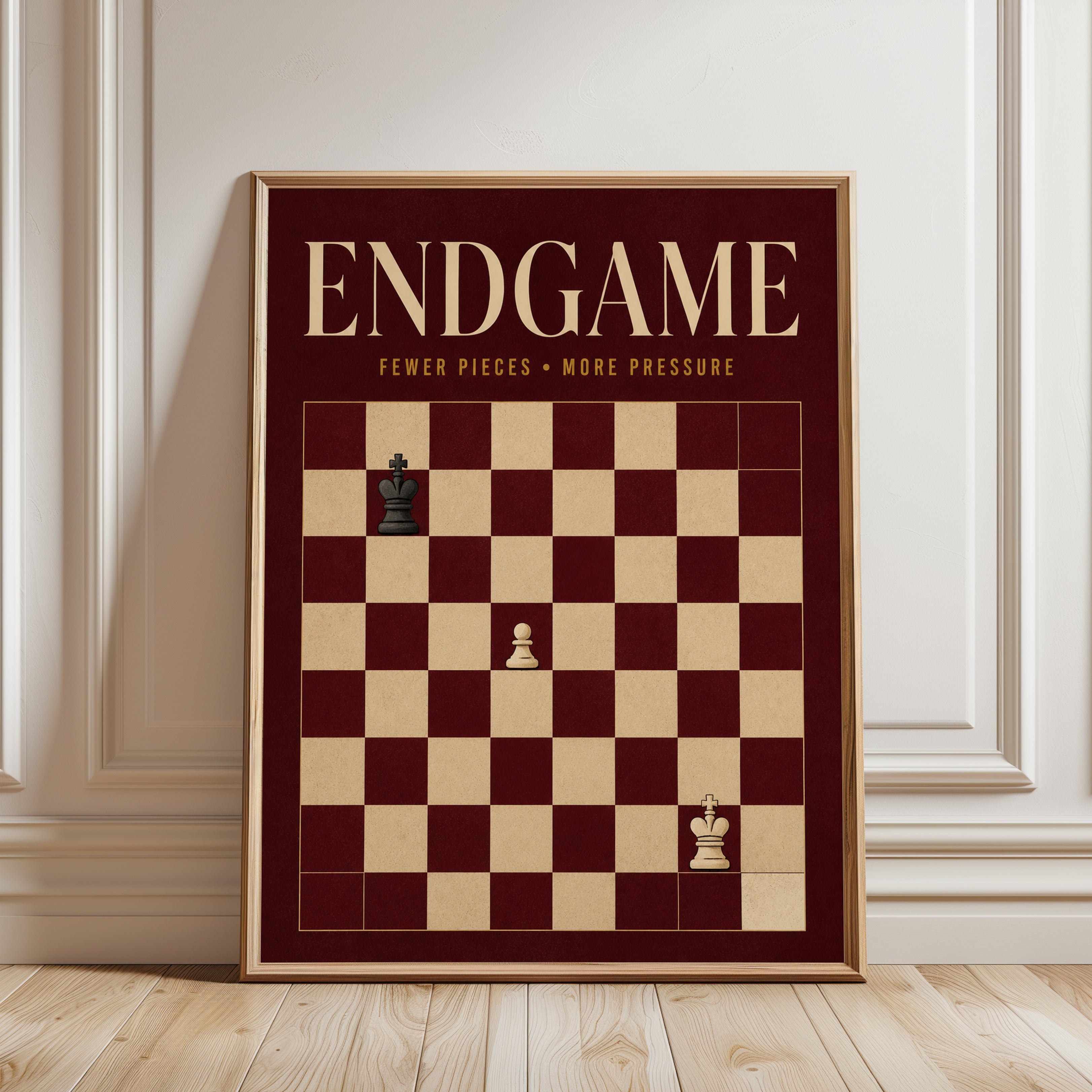 Chess Endgame Poster: Minimalist Burgundy and Cream Design - framed detail