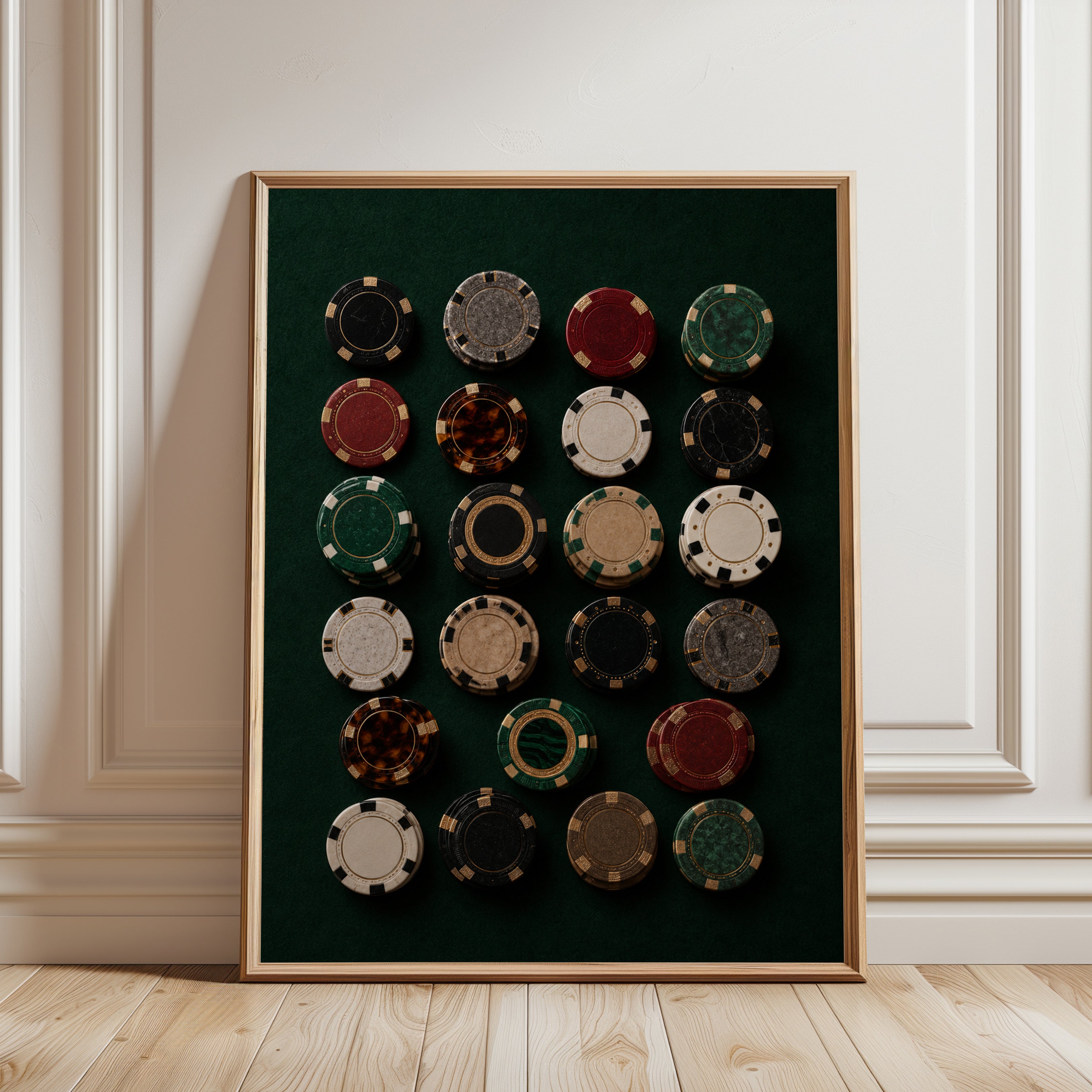 Vintage Casino Poker Chips Art Print: Game Room Wall Art - framed detail