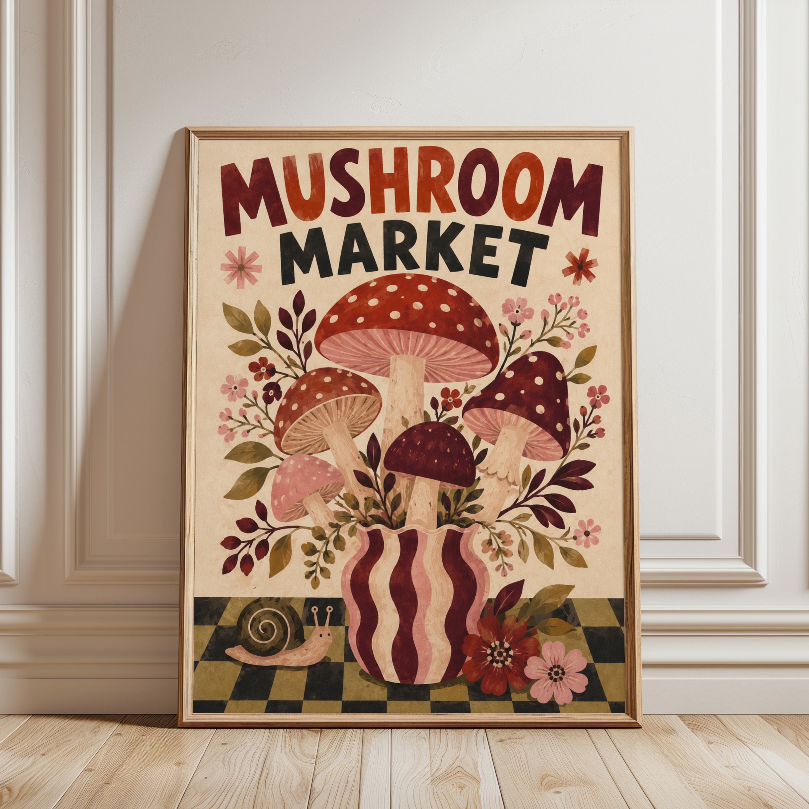 Mushroom Kitchen Decor – Folk Art Print - framed detail