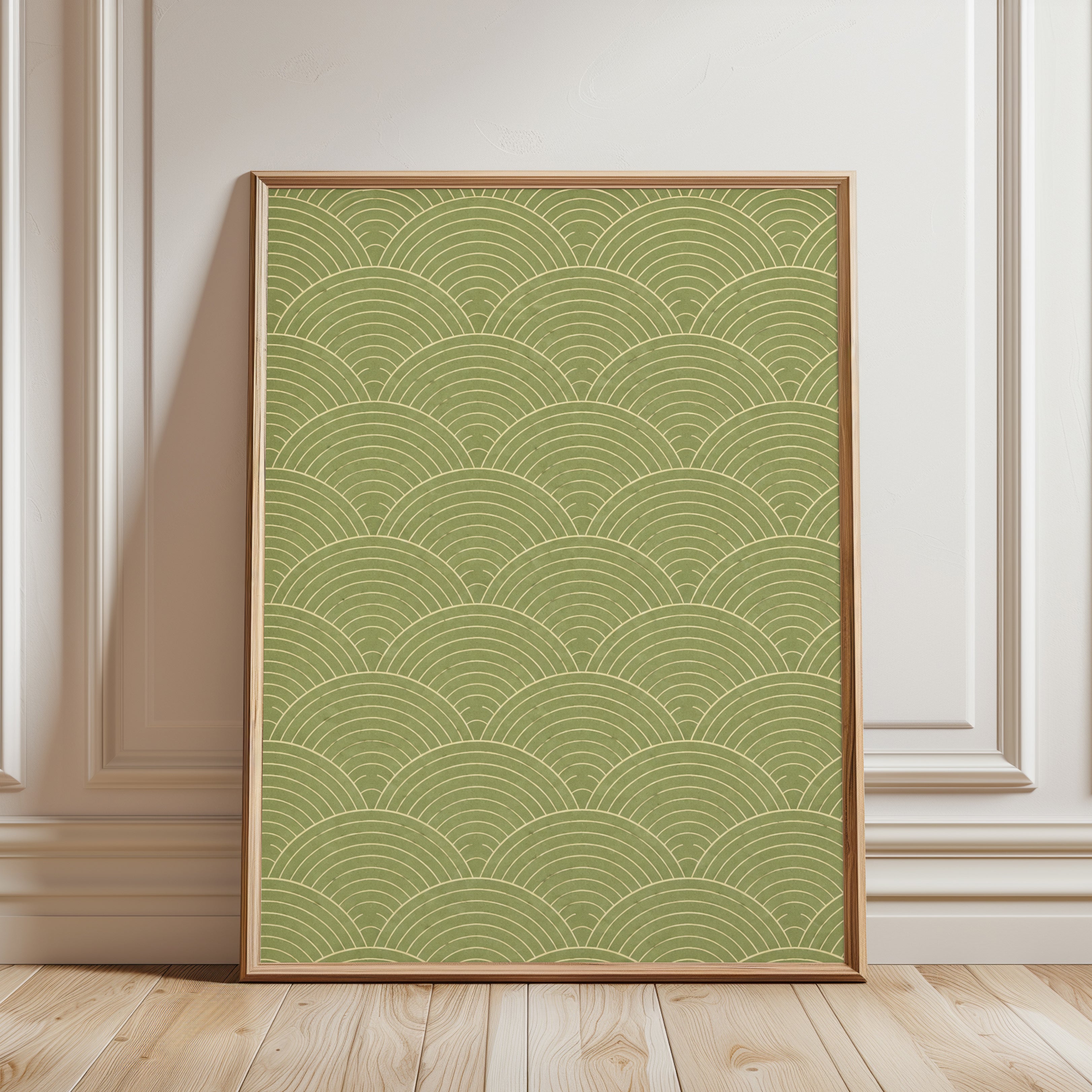 Japanese Wave Pattern Print: Seigaiha Design in Sage Green - framed detail