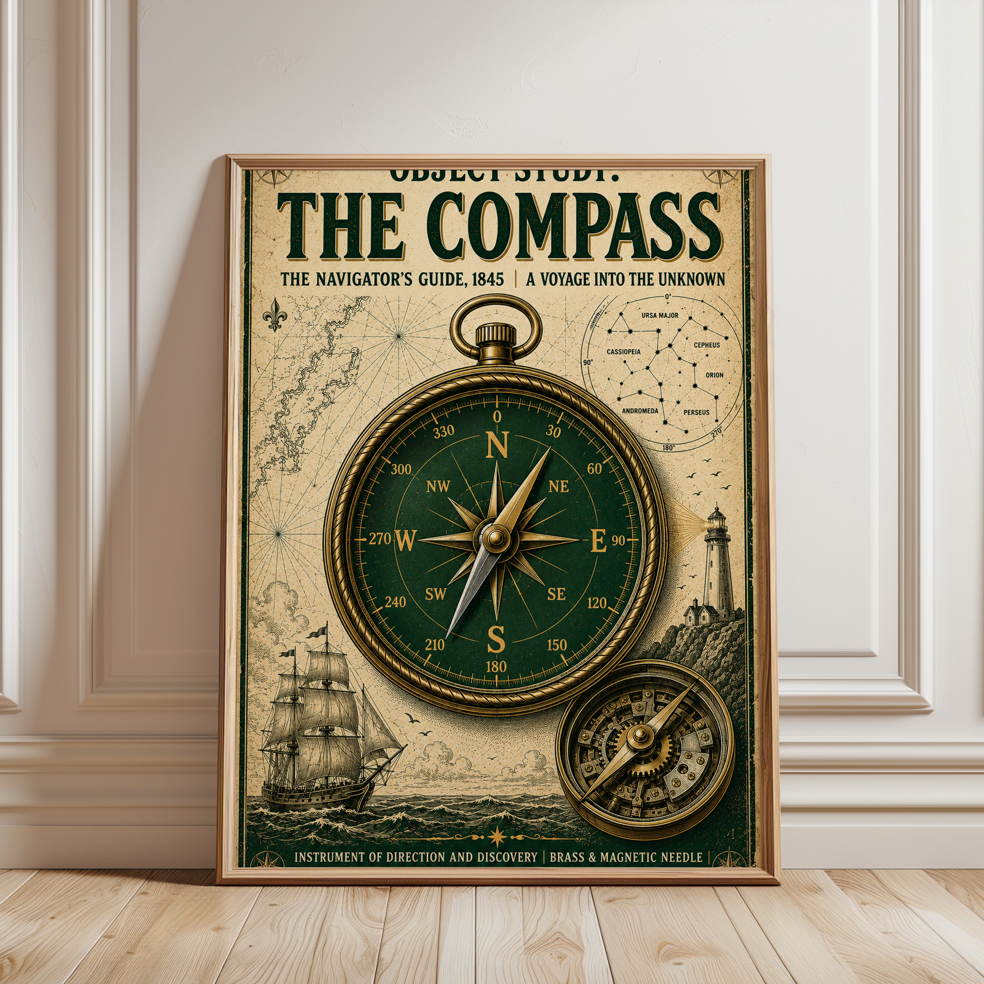Vintage Compass Navigator Print: Nautical Navigation Wall Art - framed detail