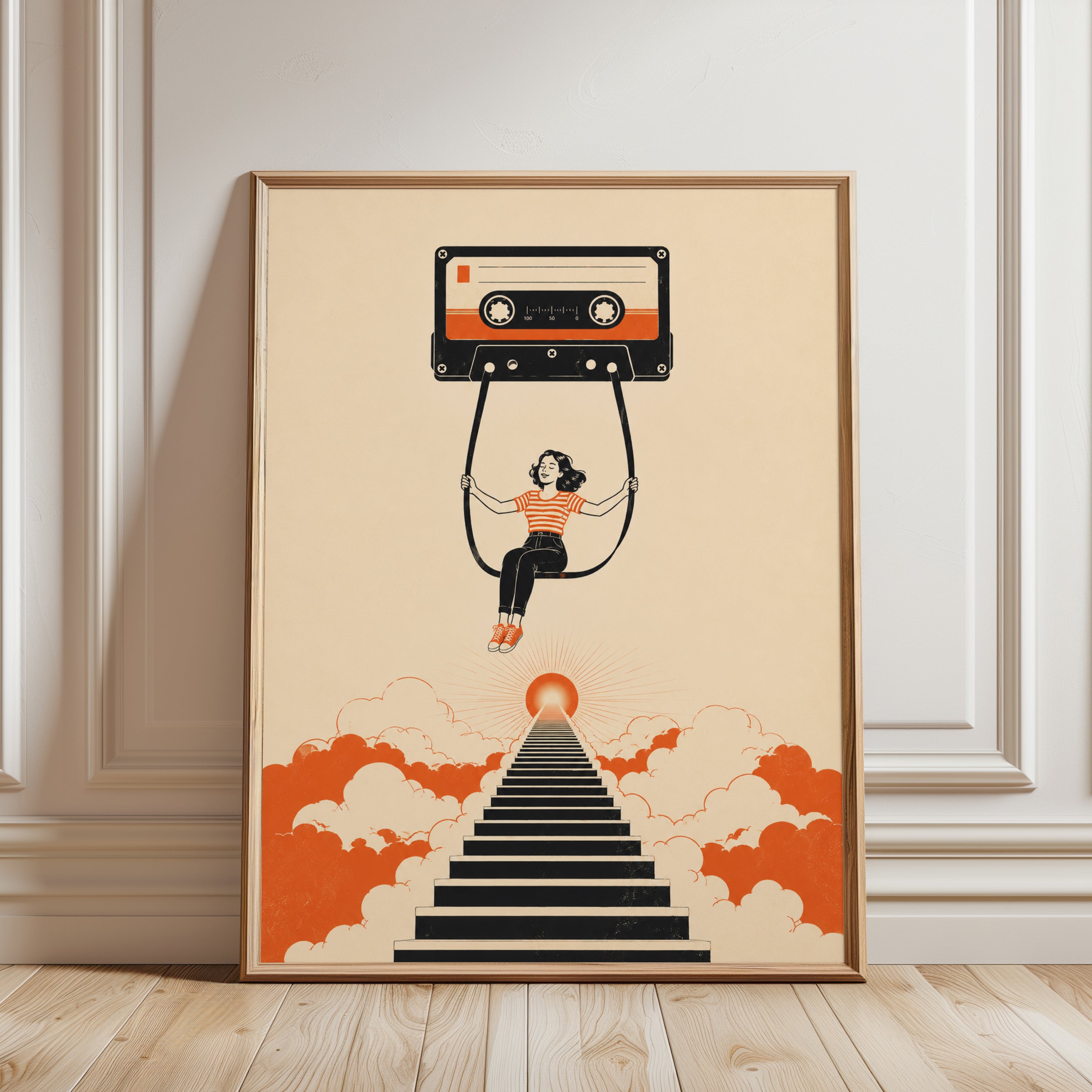Cassette Tape Swing Art Print: Retro Music Nostalgia in Orange - framed detail