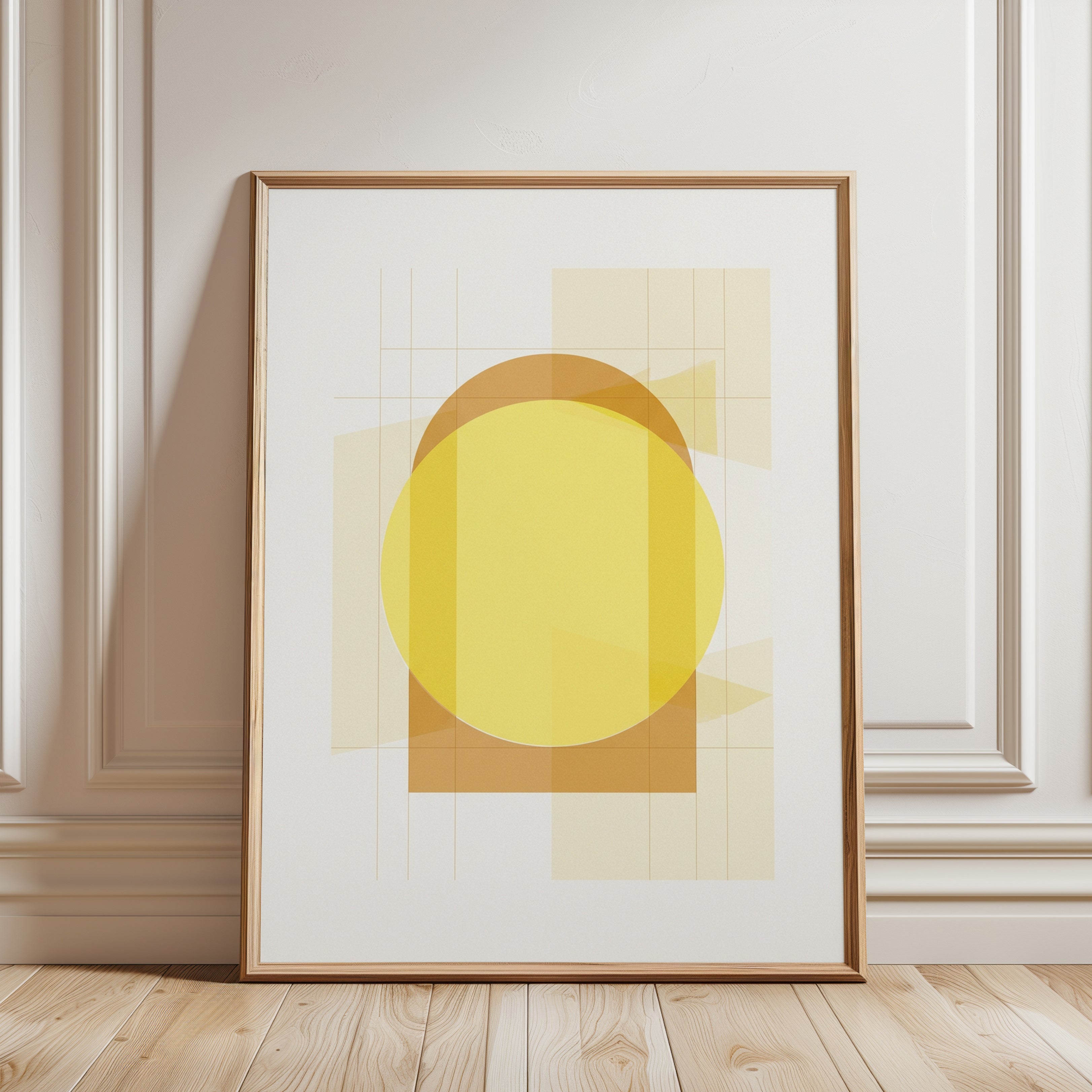 Geometric Sun Art Print: Mid-Century Yellow Circle Composition - framed detail