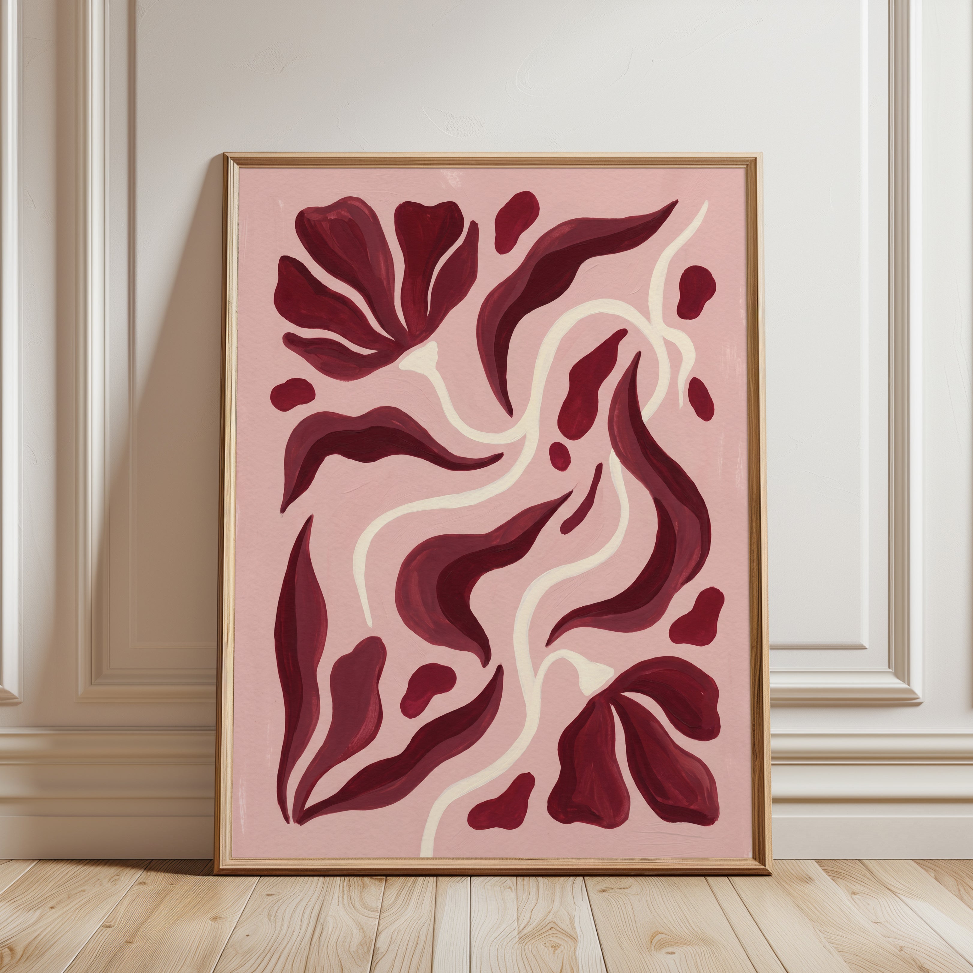 Mid Century Modern Wall Art: Pink Burgundy Organic Shapes - framed detail