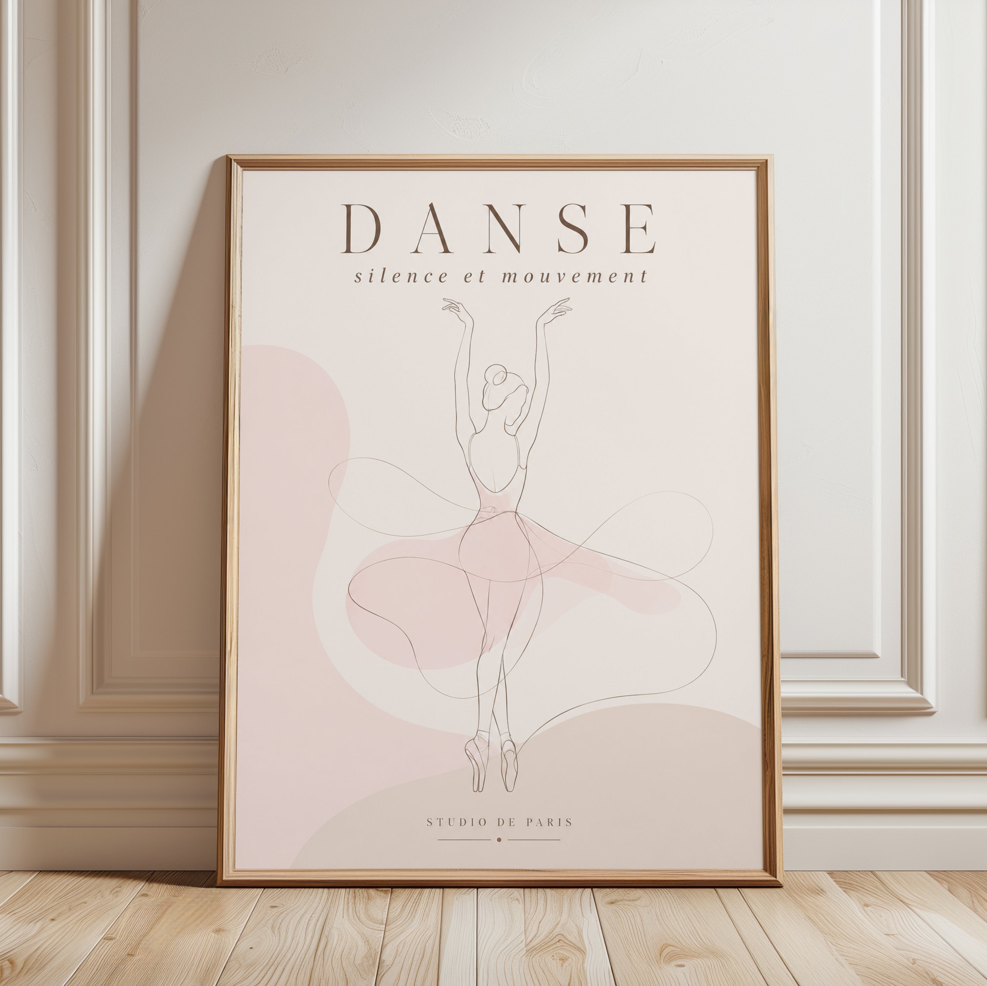 Ballerina Line Art Print: Minimalist Blush Pink Dance Poster - framed detail